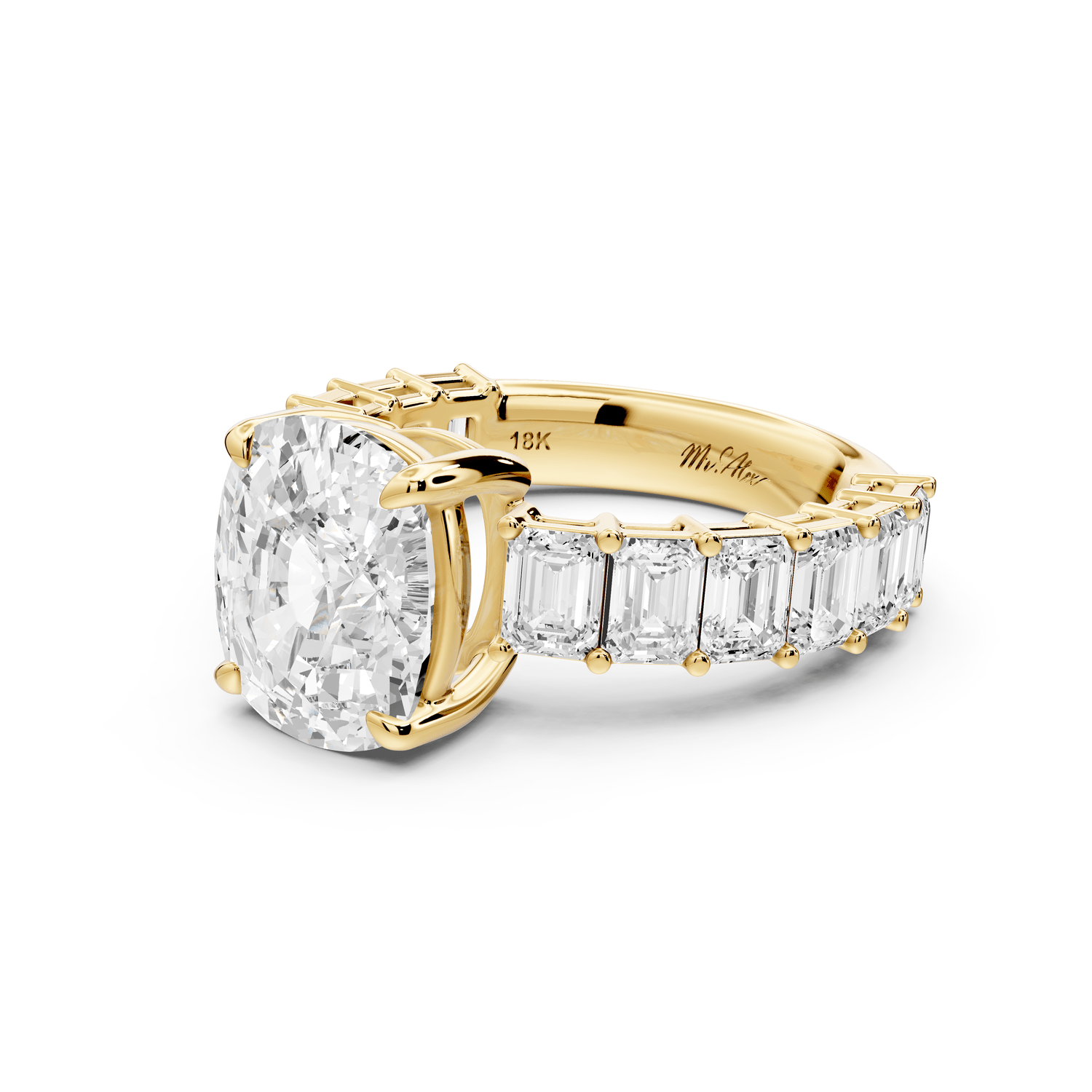 Violetta - 4ct 14k yellow gold ecushion diamond with emerald cut accent stones engagement ring - Mr. Alex Jewelry