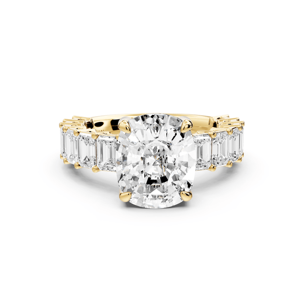 Violetta - 4ct 14k yellow gold ecushion diamond with emerald cut accent stones engagement ring - Mr. Alex Jewelry