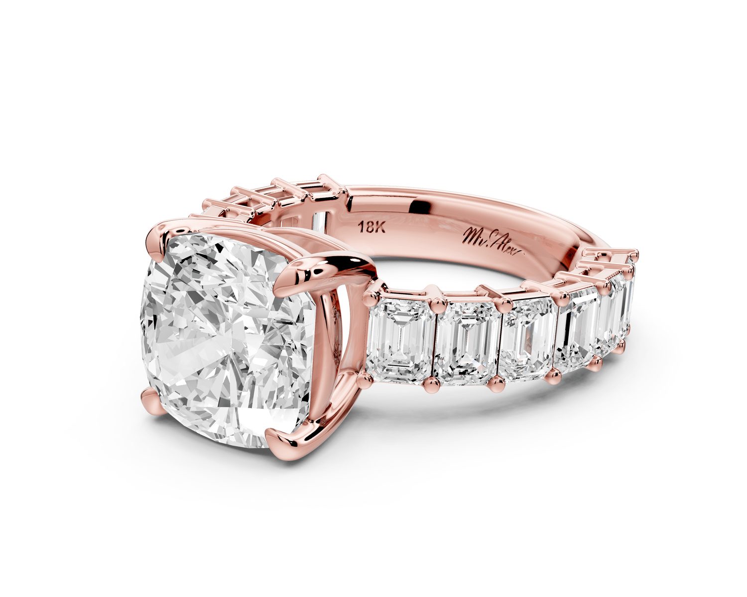 Violetta - 4ct 18k rose gold cushion diamond with emerald cut accent stones engagement ring - Mr. Alex Jewelry