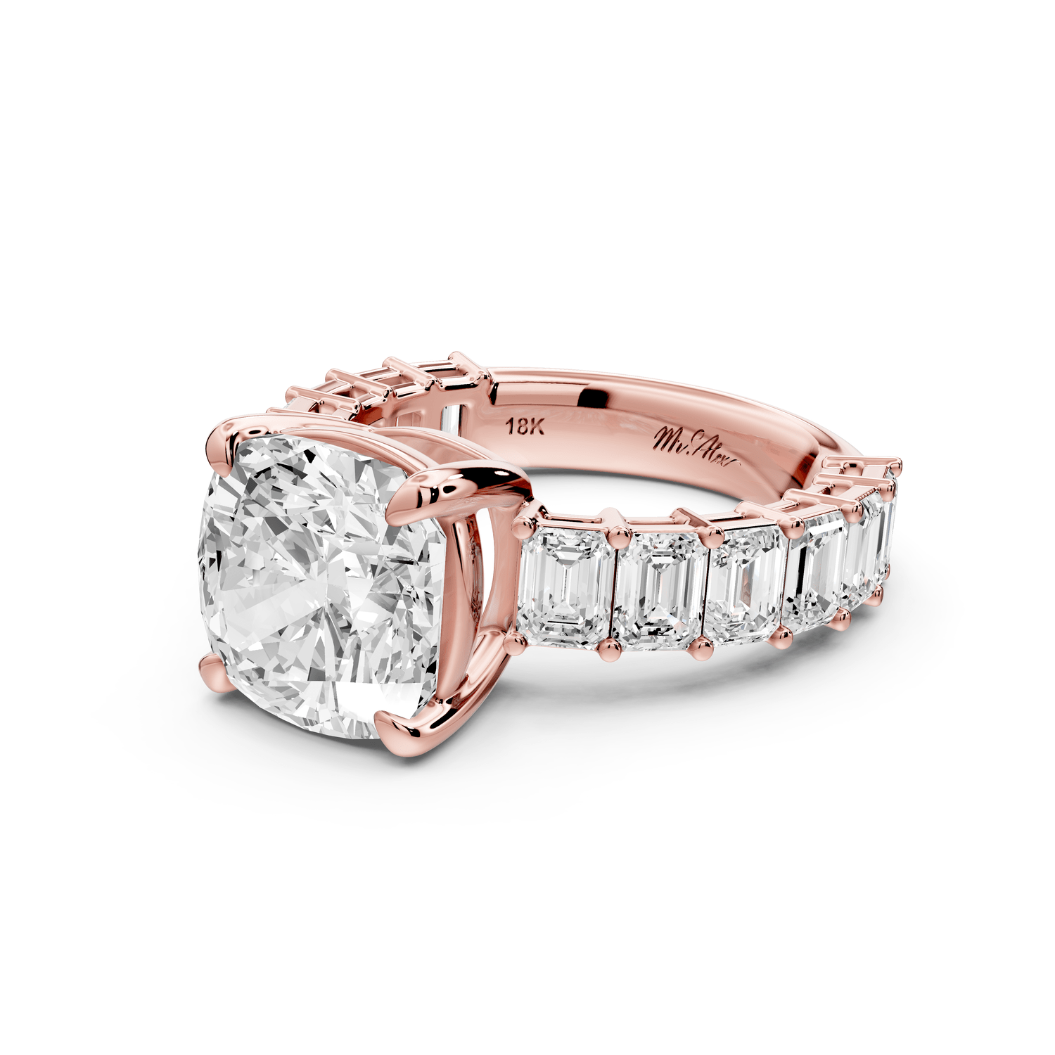 Violetta - 4ct 18k rose gold cushion diamond with emerald cut accent stones engagement ring - Mr. Alex Jewelry