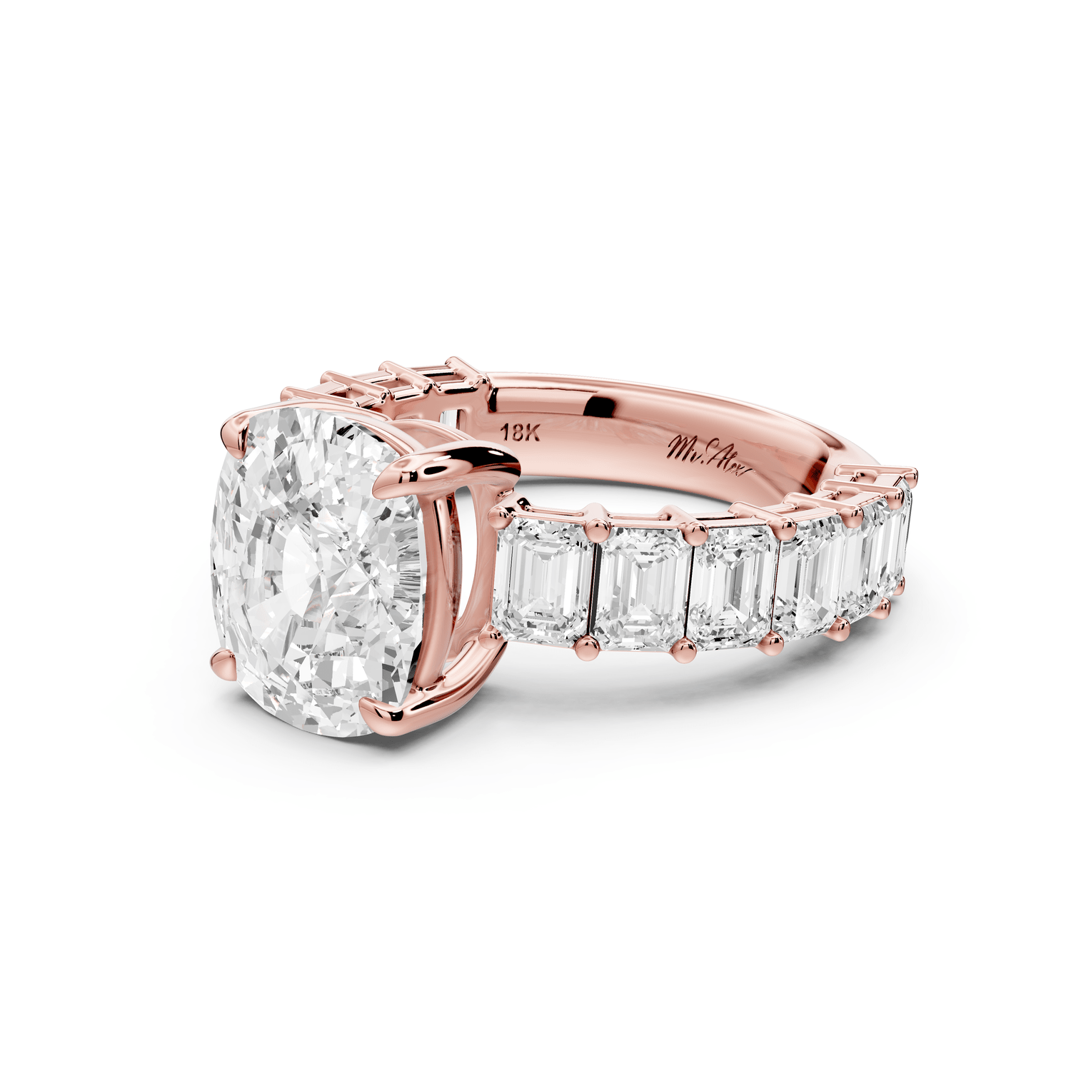Violetta - 4ct 18k rose gold ecushion diamond with emerald cut accent stones engagement ring - Mr. Alex Jewelry