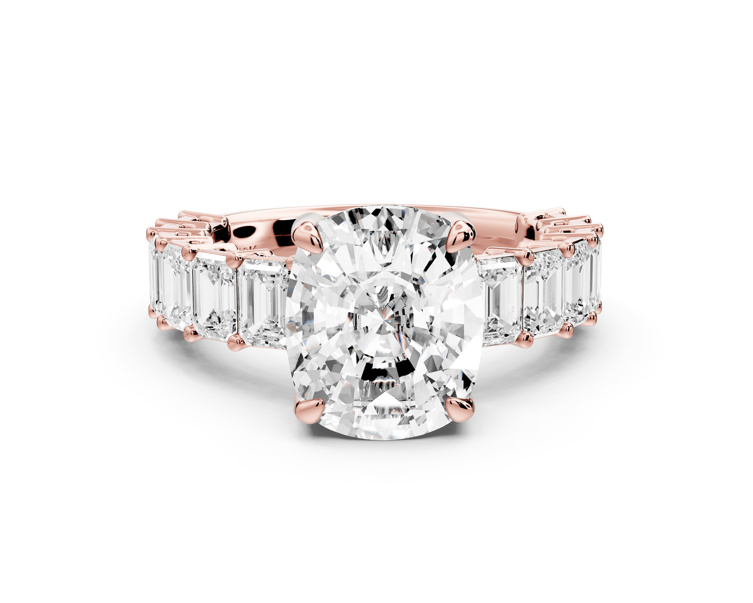 Violetta - 4ct 18k rose gold ecushion diamond with emerald cut accent stones engagement ring - Mr. Alex Jewelry