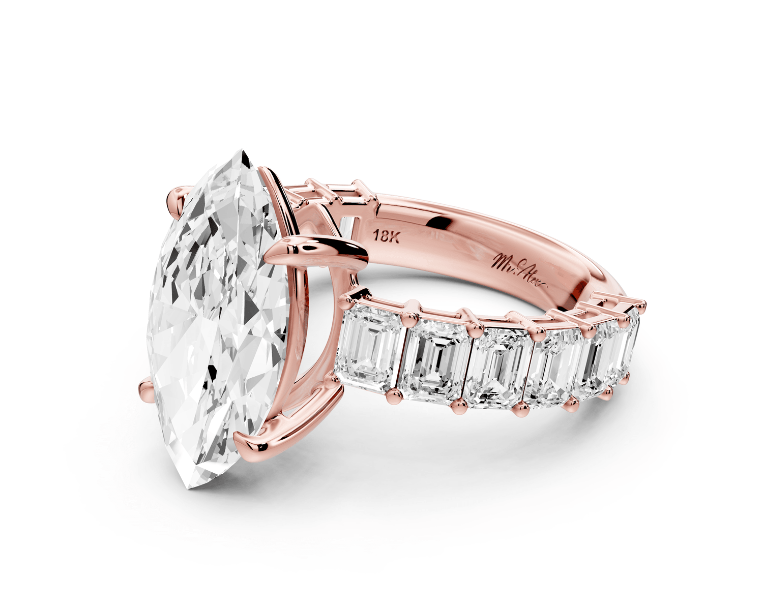 Violetta - 4ct 18k rose gold marquise diamond with emerald cut accent stones engagement ring - Mr. Alex Jewelry