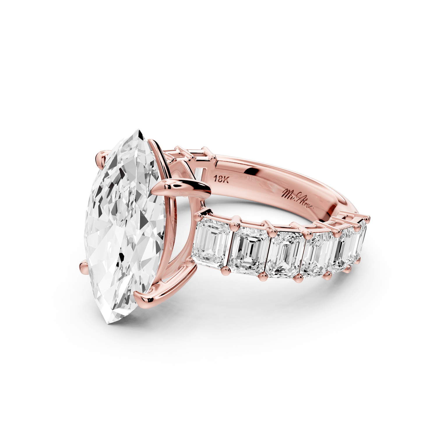 Violetta - 4ct 18k rose gold marquise diamond with emerald cut accent stones engagement ring - Mr. Alex Jewelry