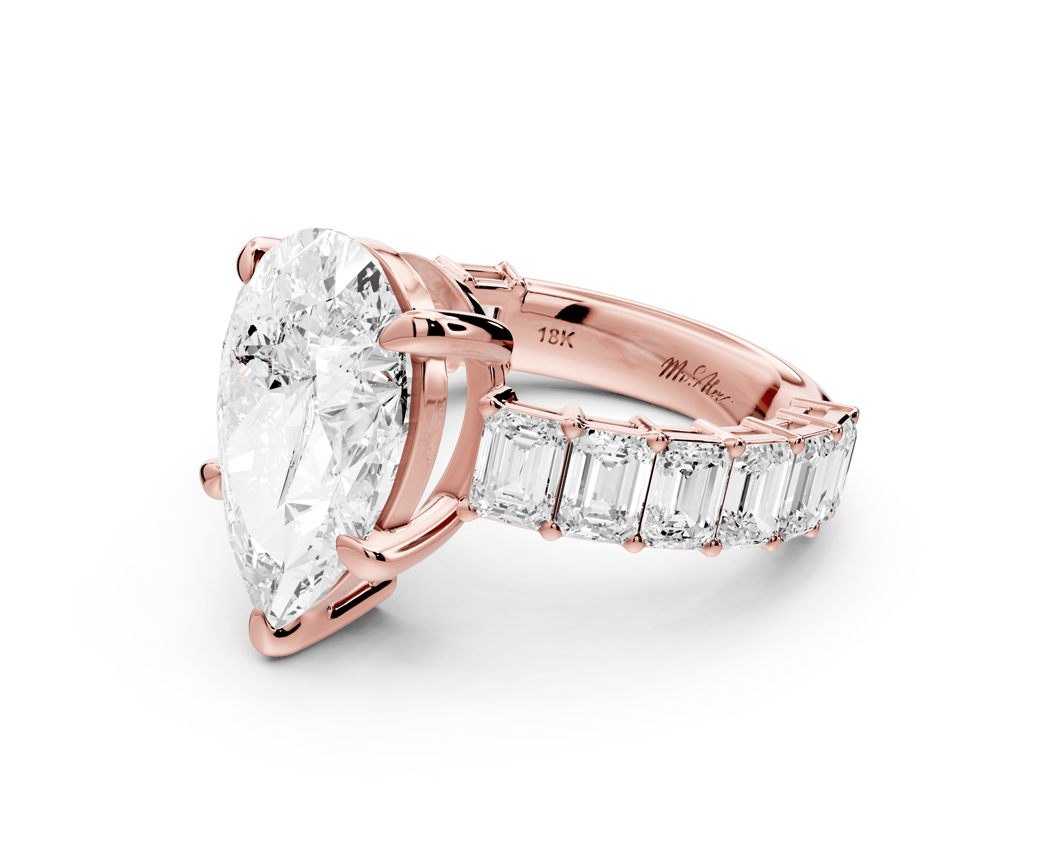 Violetta - 4ct 18k rose gold pear diamond with emerald cut accent stones engagament ring - Mr. Alex Jewelry