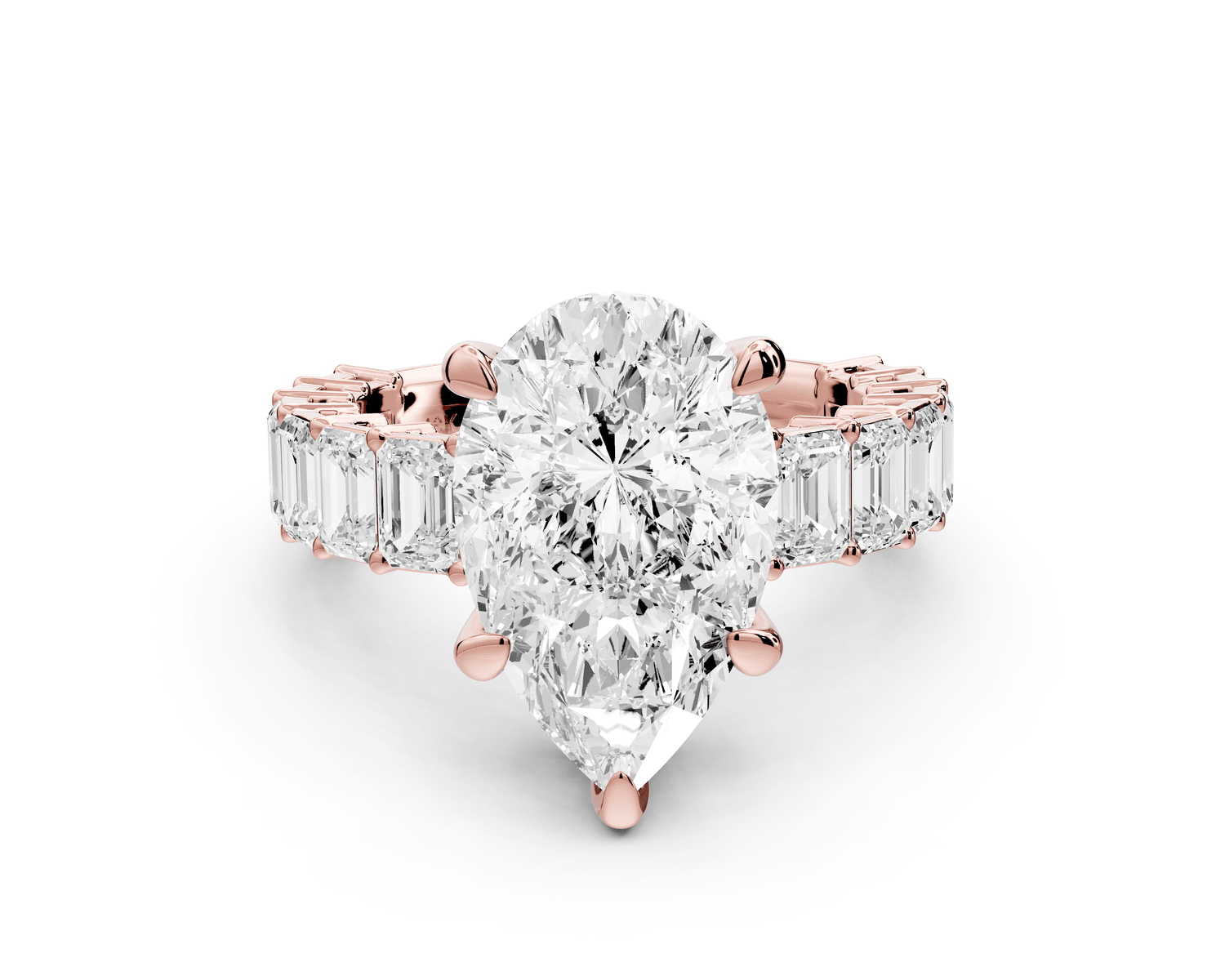 Violetta - 4ct 18k rose gold pear diamond with emerald cut accent stones engagament ring - Mr. Alex Jewelry