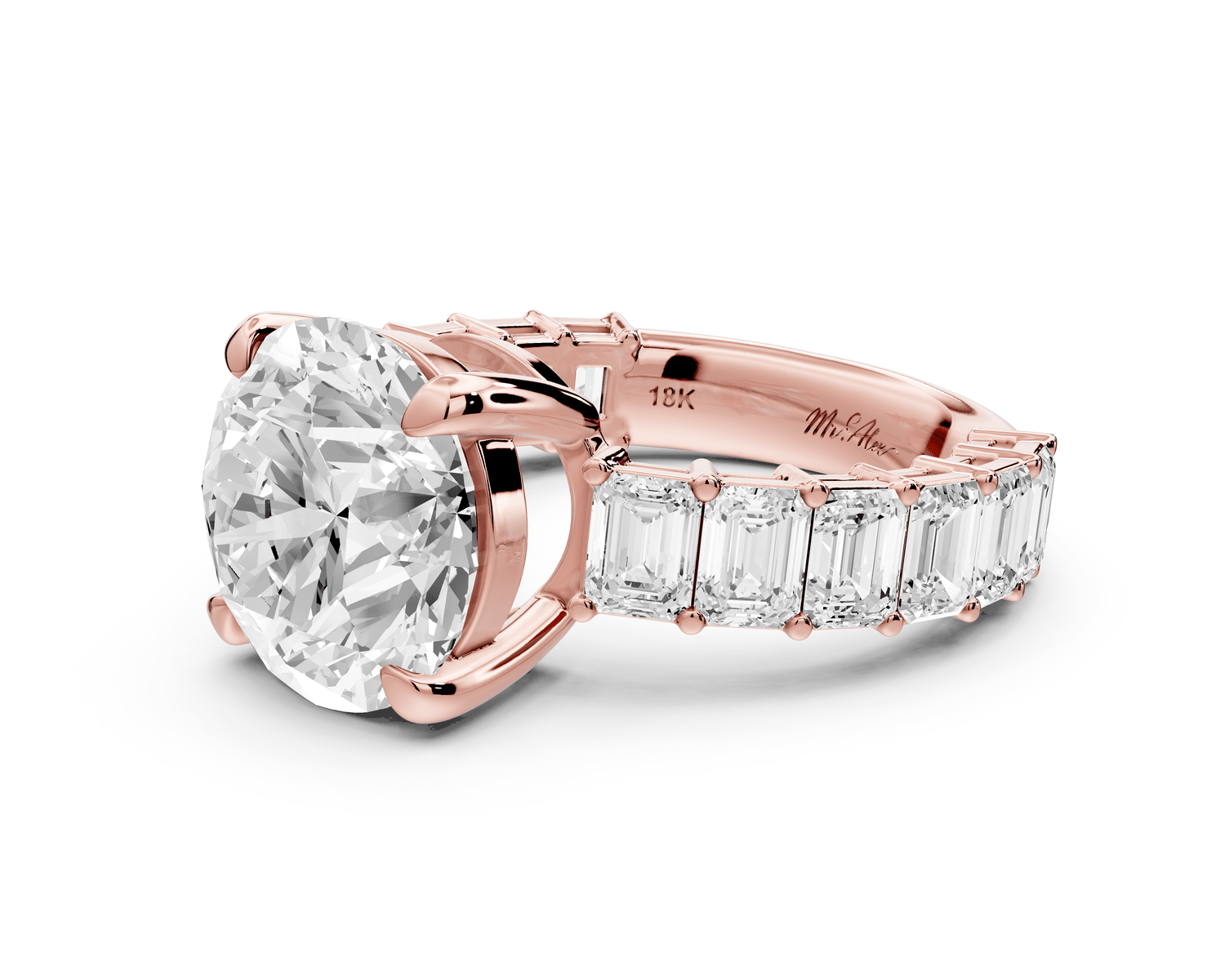 Violetta - 4ct 18k rose gold round diamond with emerald cut accent stones engagement ring - Mr. Alex Jewelry