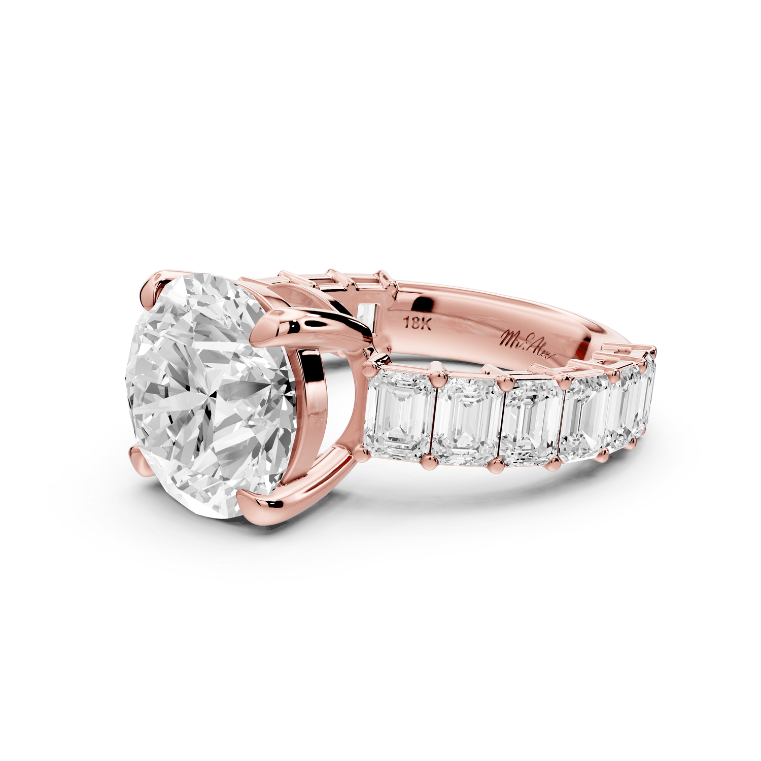 Violetta - 4ct 18k rose gold round diamond with emerald cut accent stones engagement ring - Mr. Alex Jewelry
