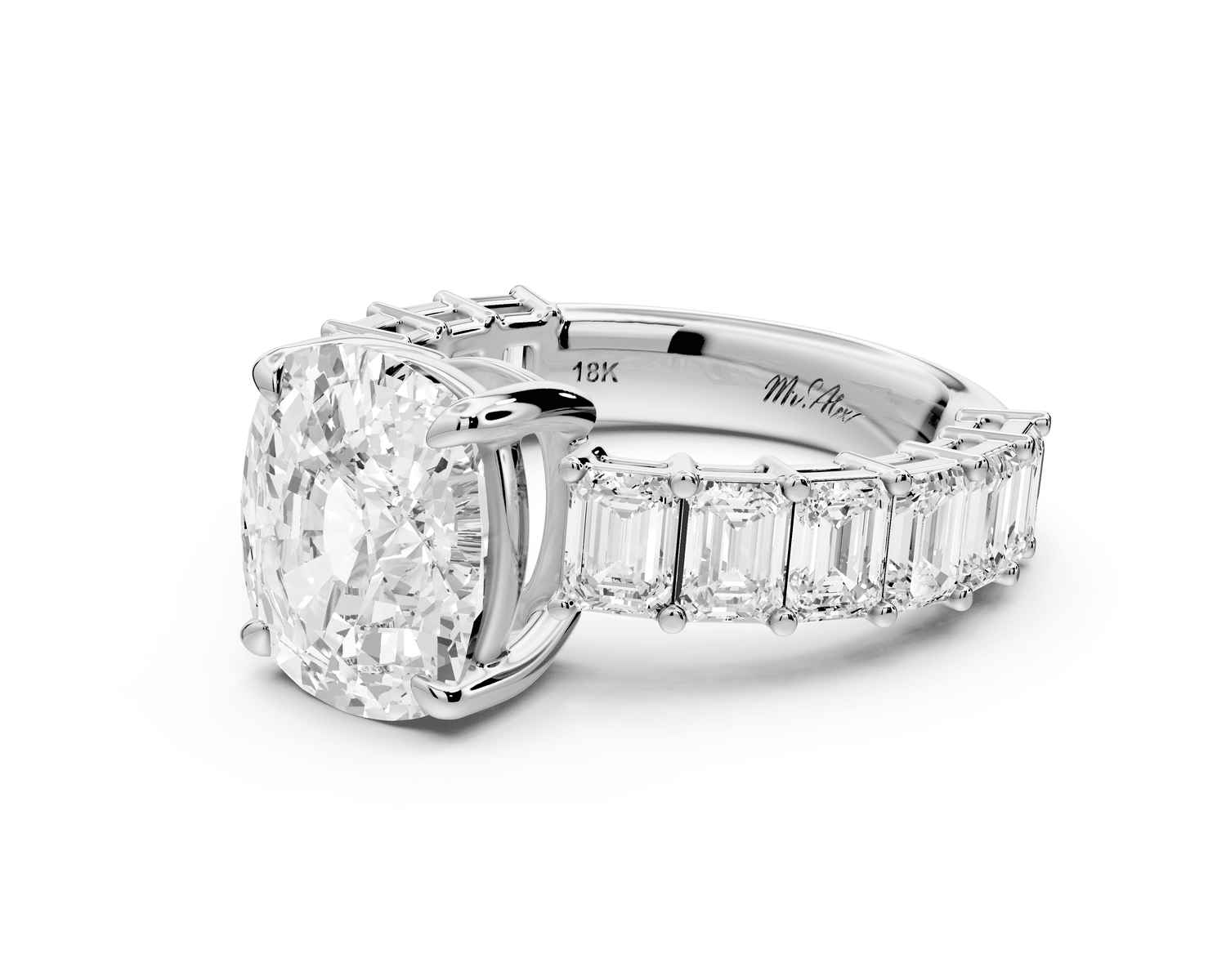 Violetta - 4ct 18k white gold ecushion diamond with emerald cut accent stones engagement ring - Mr. Alex Jewelry