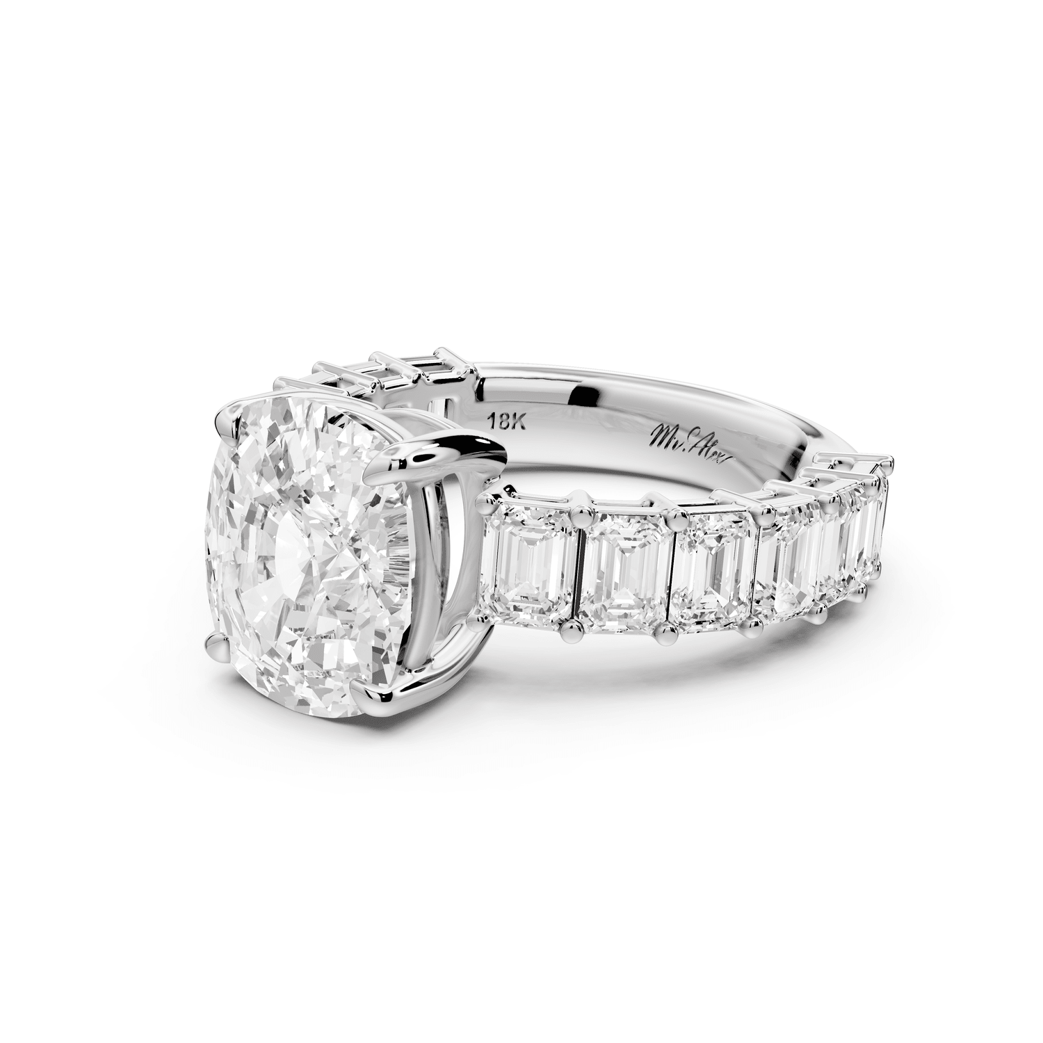 Violetta - 4ct 18k white gold ecushion diamond with emerald cut accent stones engagement ring - Mr. Alex Jewelry
