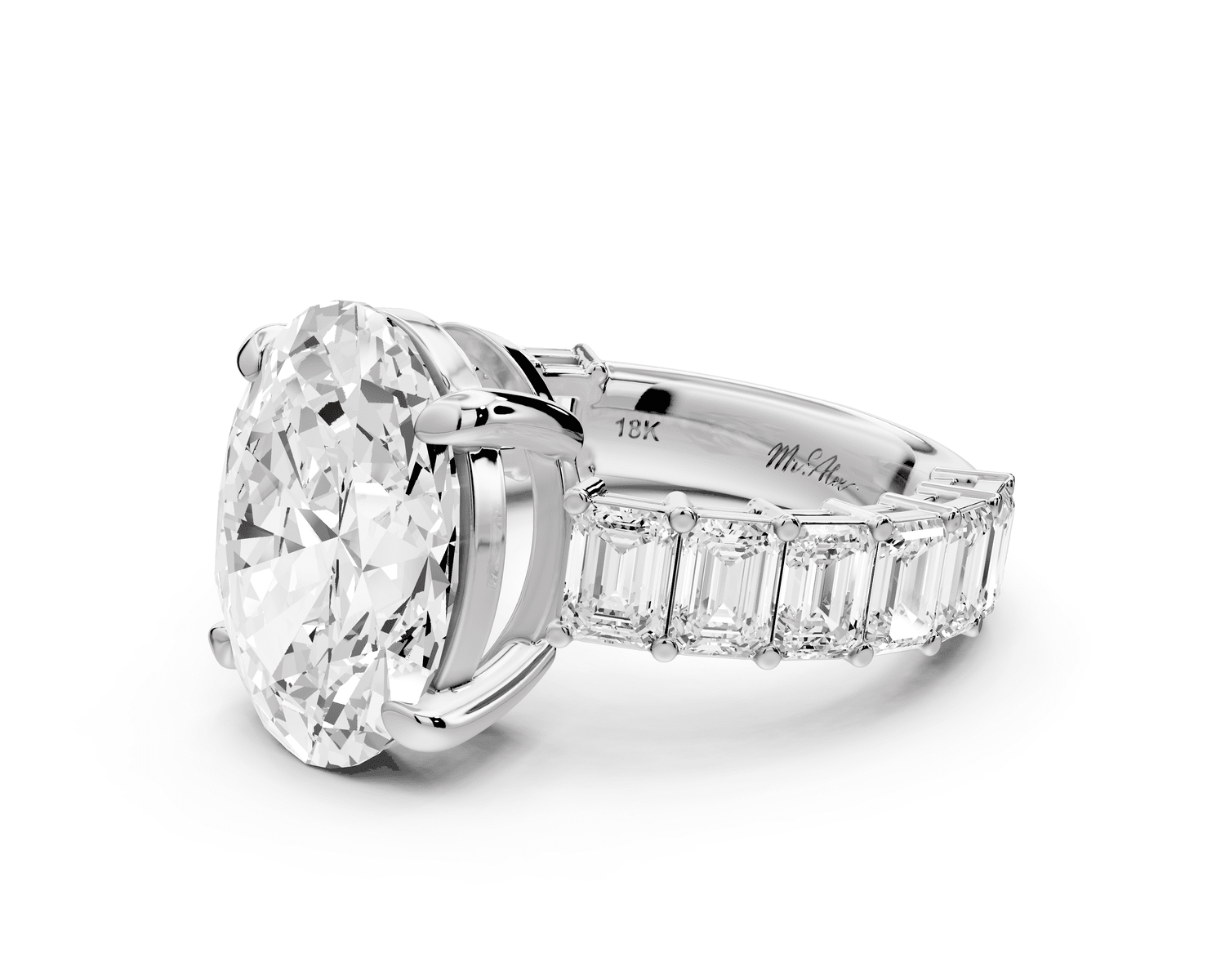 Violetta - 4ct 18k white gold oval diamond with emerald cut accent stones engagament ring - Mr. Alex Jewelry