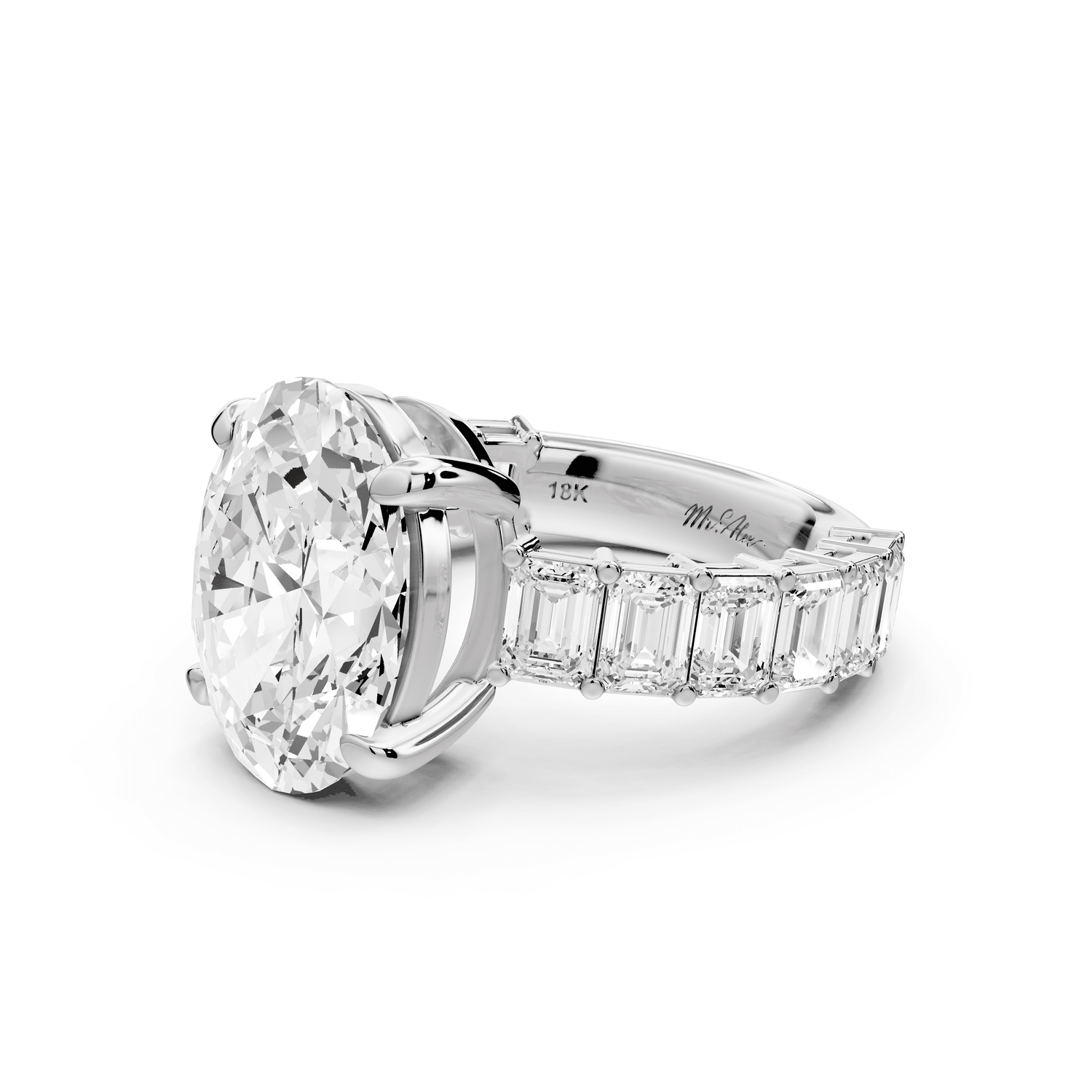 Violetta - 4ct 18k white gold oval diamond with emerald cut accent stones engagament ring - Mr. Alex Jewelry