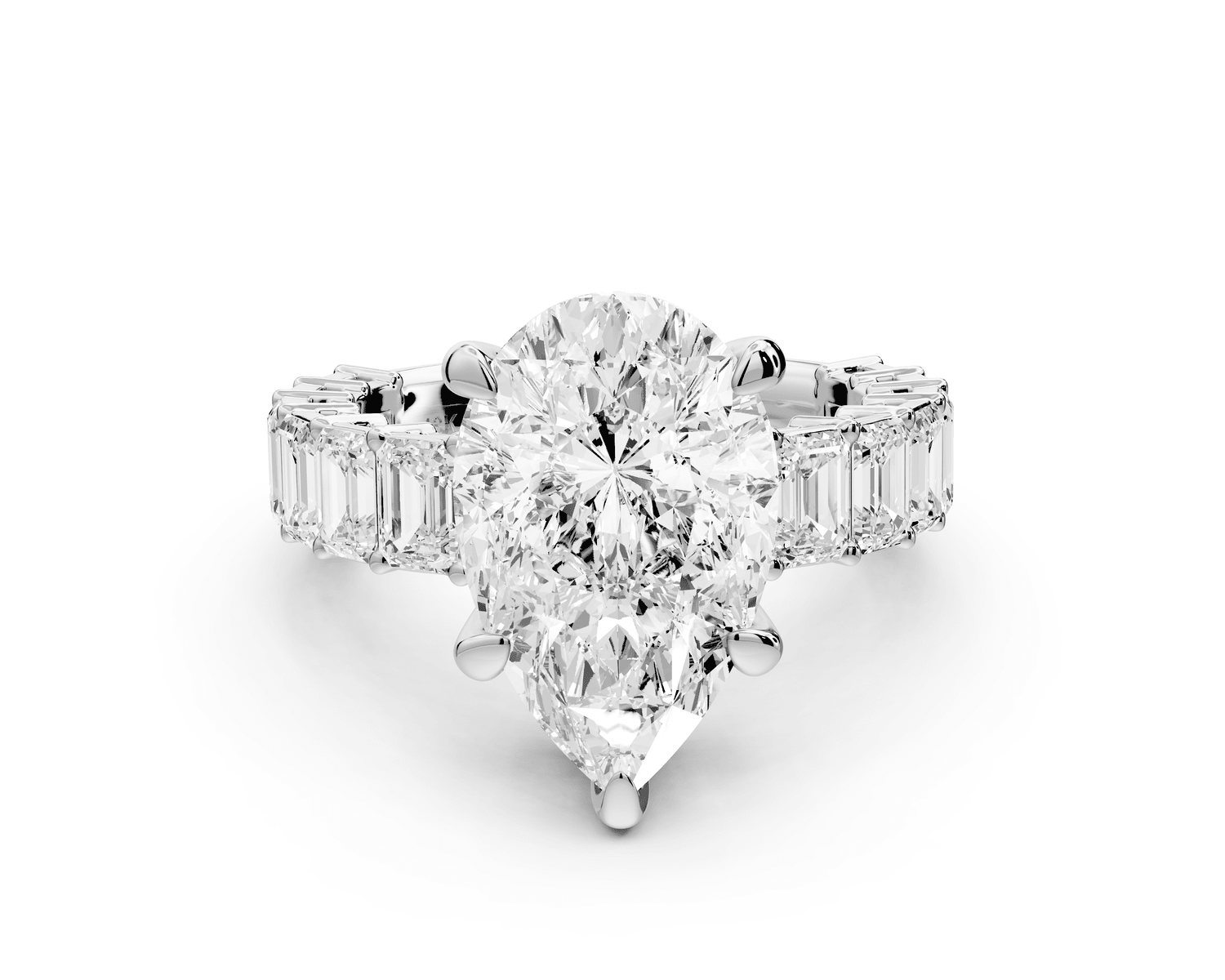 Violetta - 4ct 18k white gold pear diamond with emerald cut accent stones engagament ring - Mr. Alex Jewelry