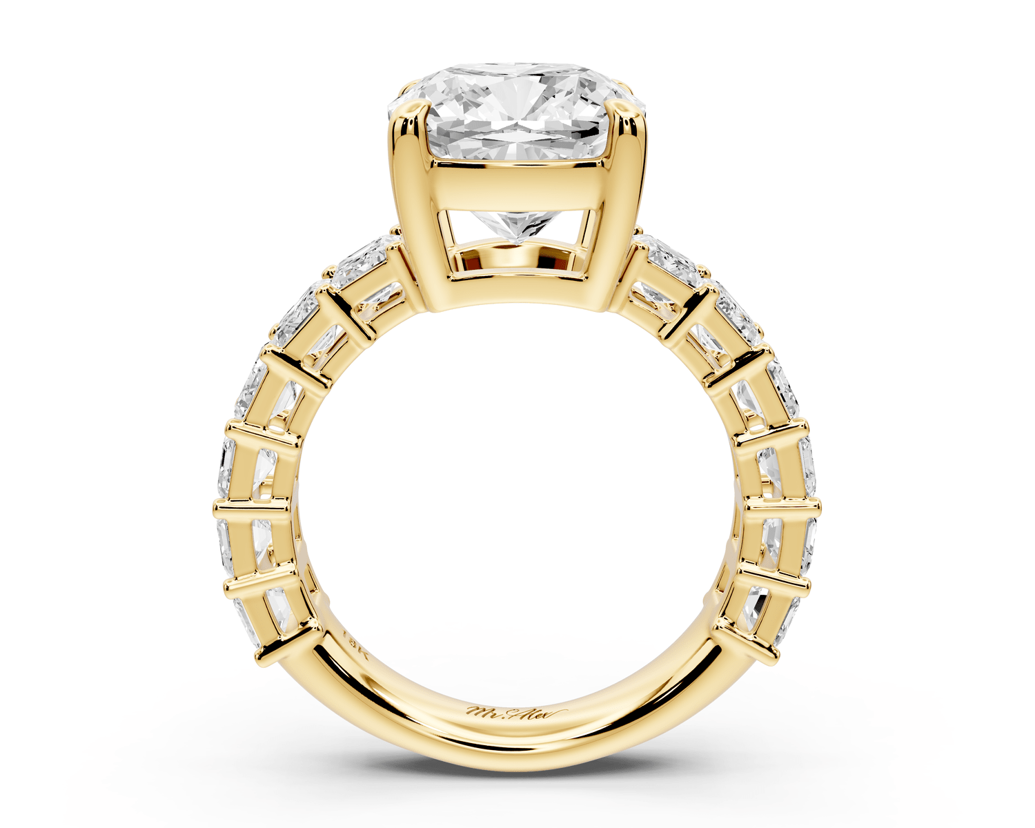 Violetta - 4ct 18k yellow gold cushion diamond with emerald cut accent stones engagement ring - Mr. Alex Jewelry