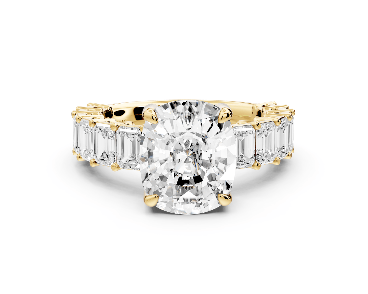 Violetta - 4ct 18k yellow gold ecushion diamond with emerald cut accent stones engagement ring - Mr. Alex Jewelry