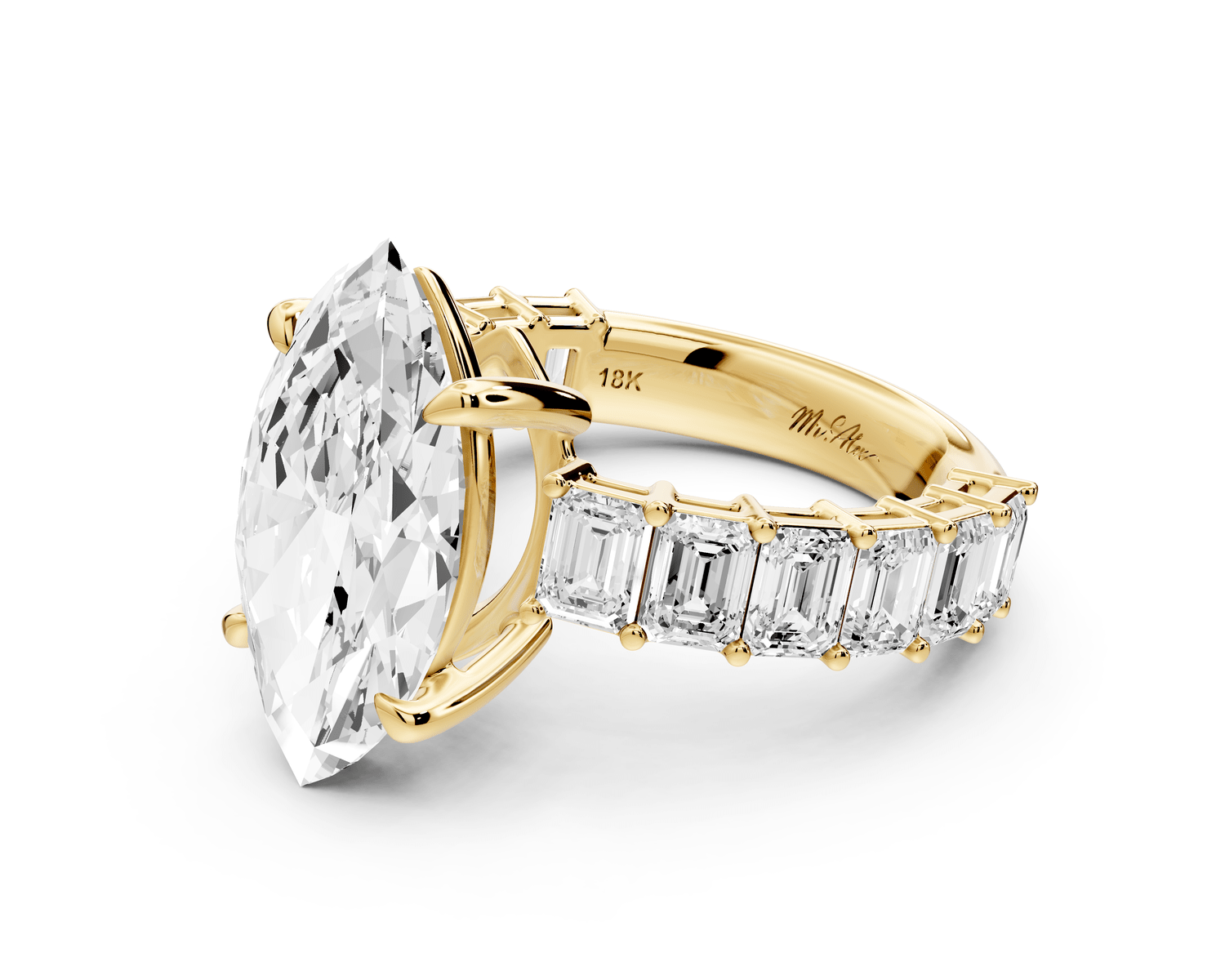 Violetta - 4ct 18k yellow gold marquise diamond with emerald cut accent stones engagement ring - Mr. Alex Jewelry