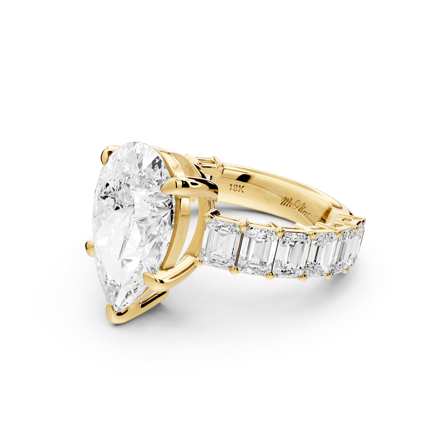 Violetta - 4ct 18k yellow gold pear diamond with emerald cut accent stones engagament ring - Mr. Alex Jewelry