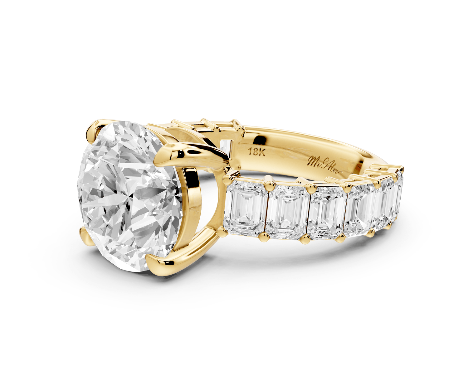 Violetta - 4ct 18k yellow gold round diamond with emerald cut accent stones engagement ring - Mr. Alex Jewelry
