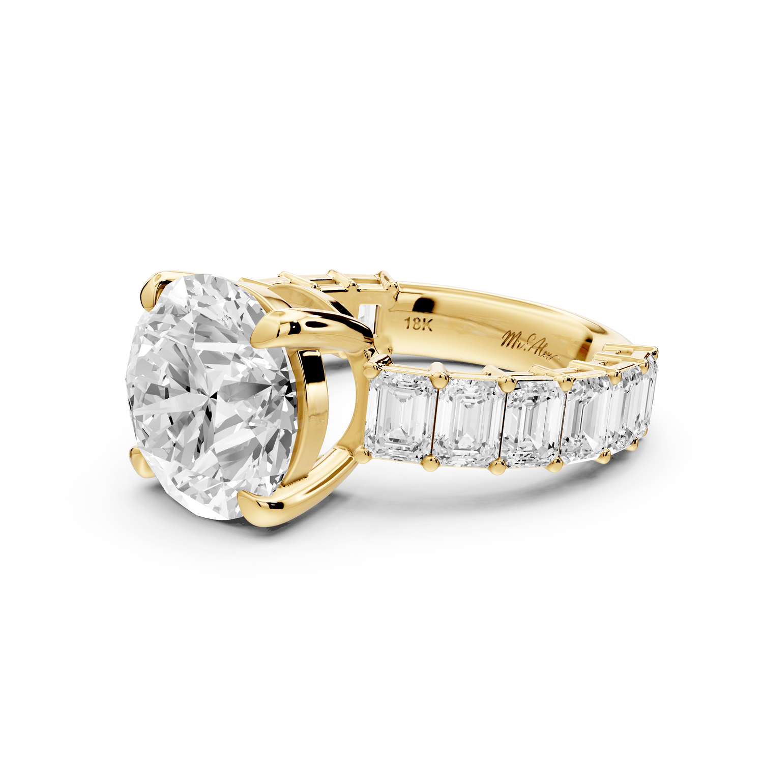 Violetta - 4ct 18k yellow gold round diamond with emerald cut accent stones engagement ring - Mr. Alex Jewelry