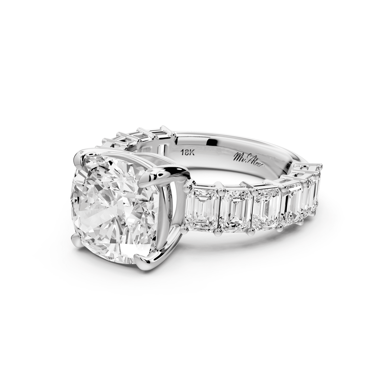 Violetta - 4ct platinum cushion diamond with emerald cut accent stones engagement ring - Mr. Alex Jewelry