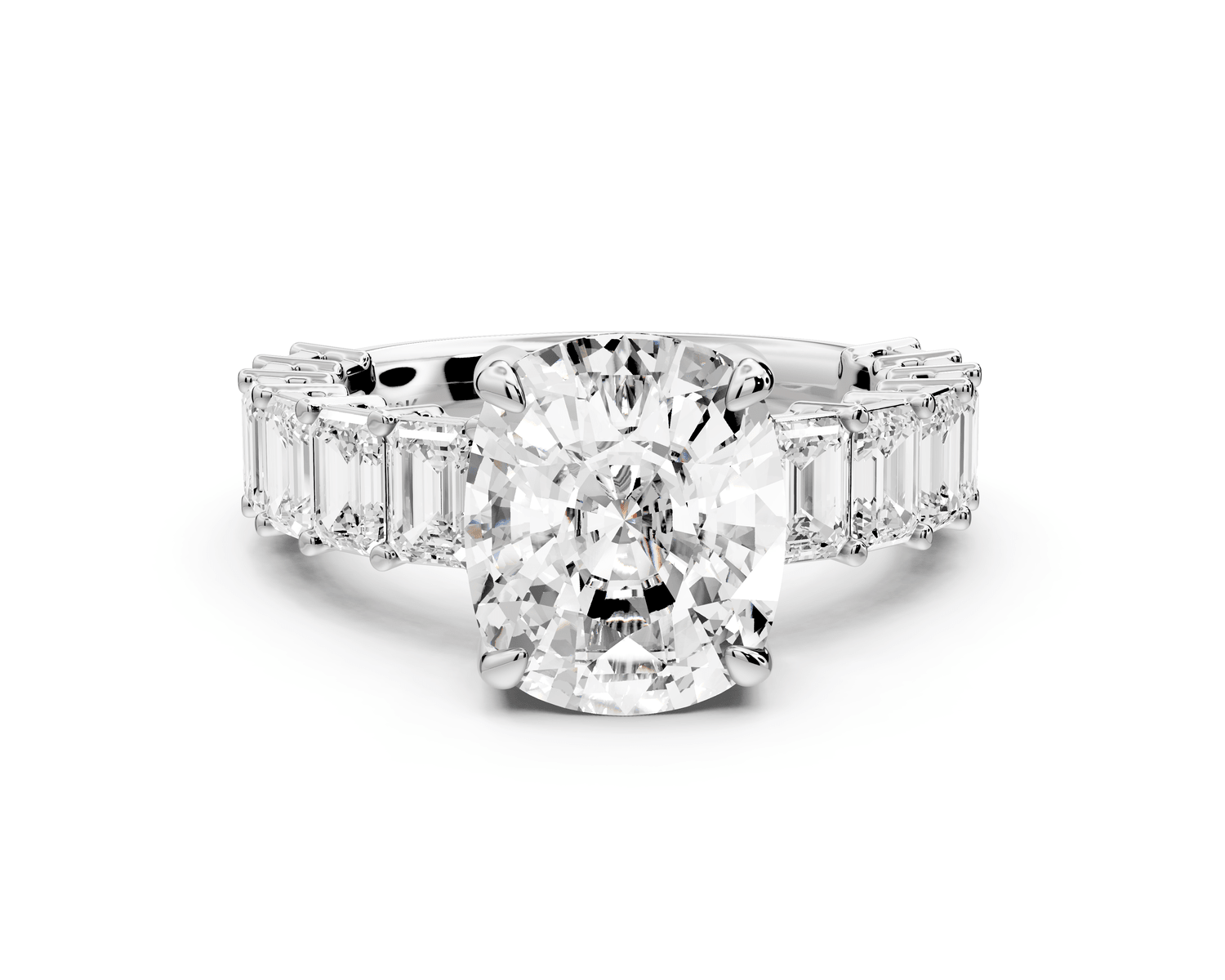 Violetta - 4ct platinum ecushion diamond with emerald cut accent stones engagement ring - Mr. Alex Jewelry