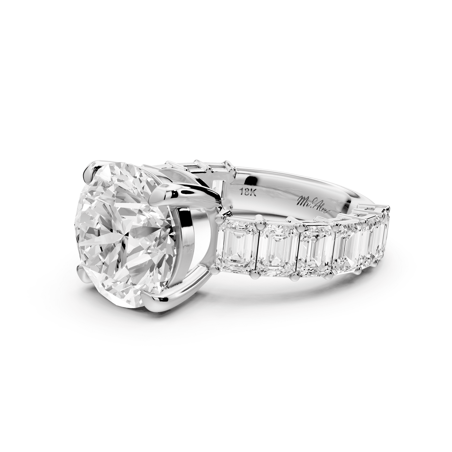 Violetta - 4ct platinum round diamond with emerald cut accent stones engagement ring - Mr. Alex Jewelry