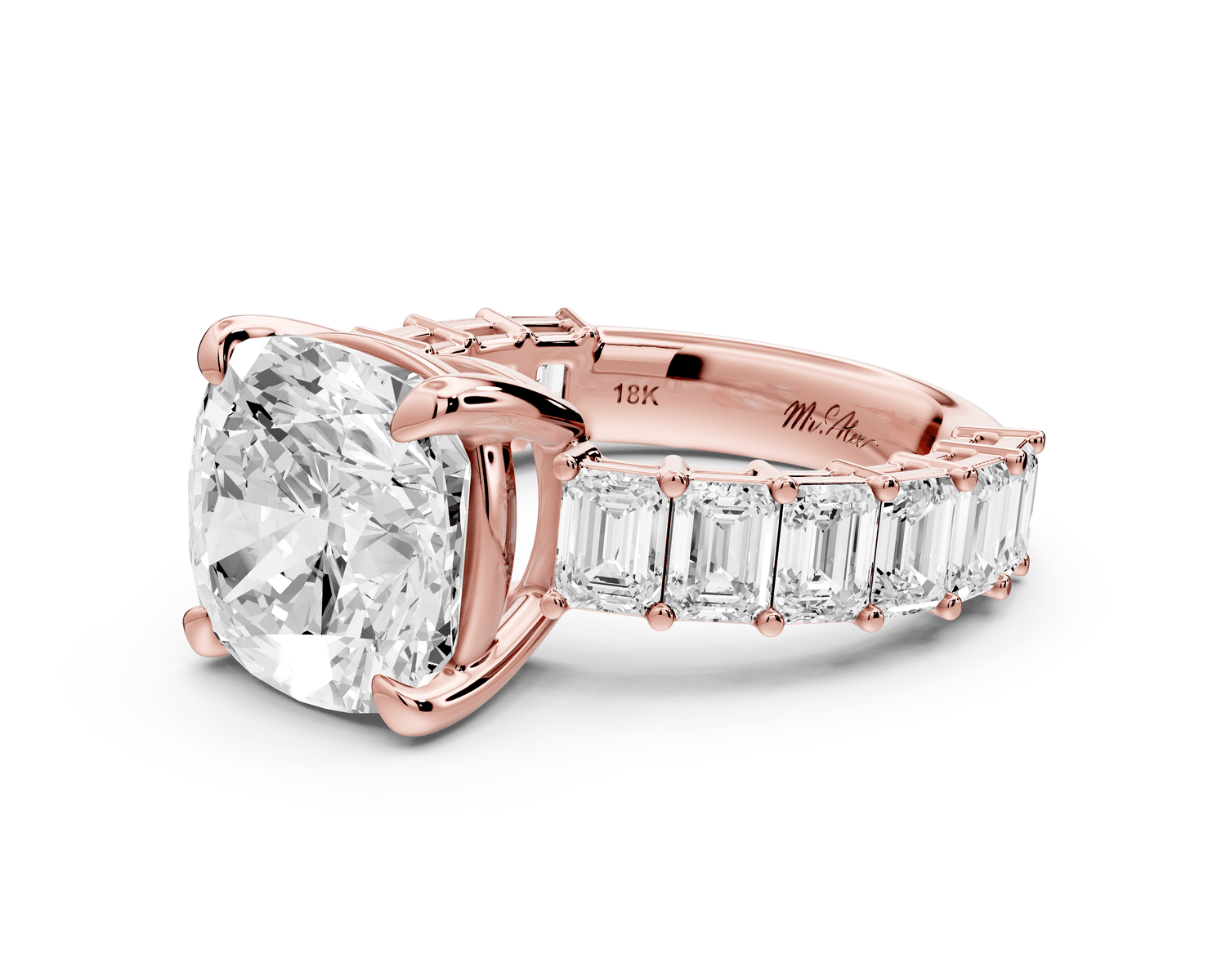 Violetta - 5ct 14k rose gold cushion diamond with emerald cut accent stones engagement ring - Mr. Alex Jewelry