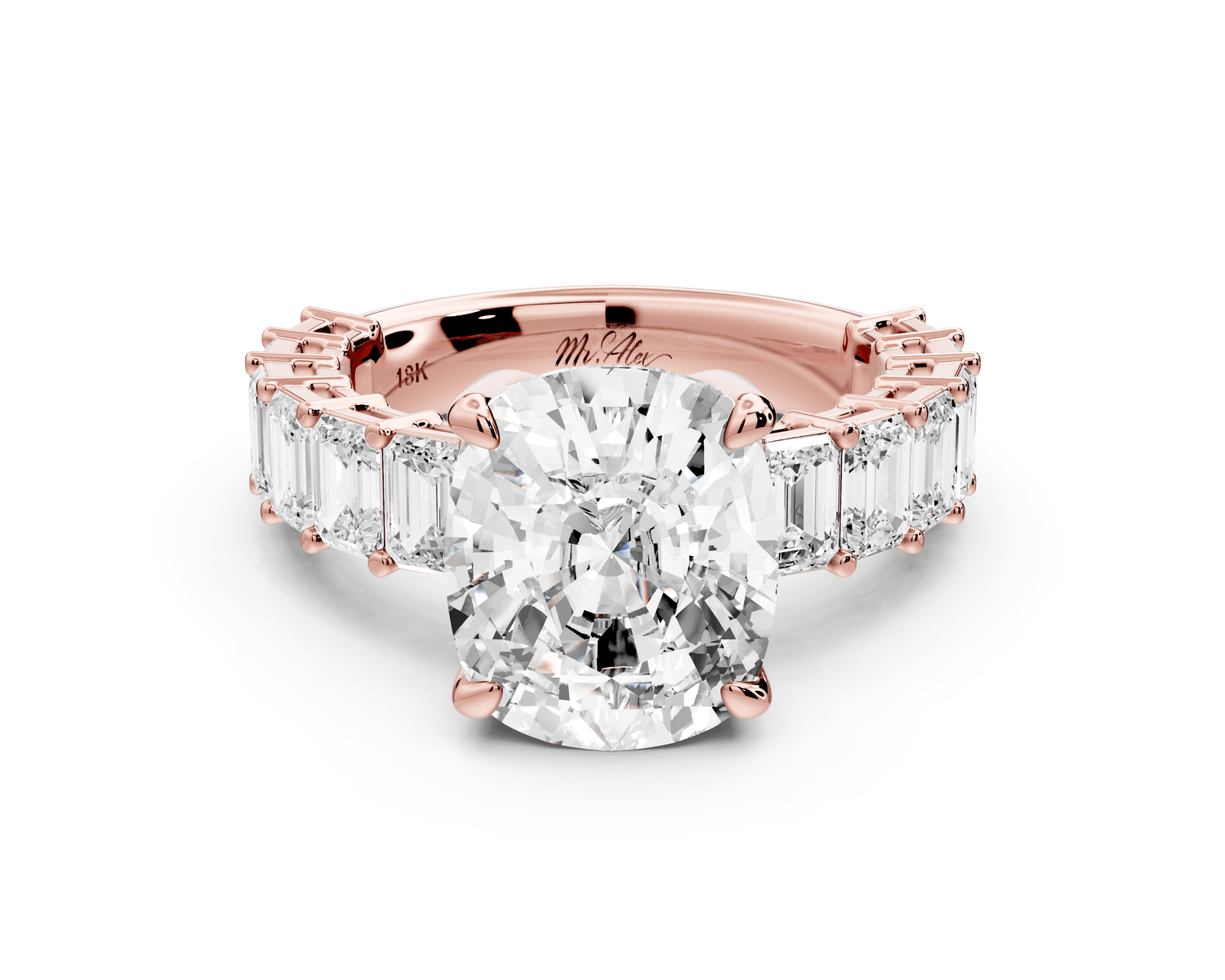 Violetta - 5ct 14k rose gold ecushion diamond with emerald cut accent stones engagement ring - Mr. Alex Jewelry