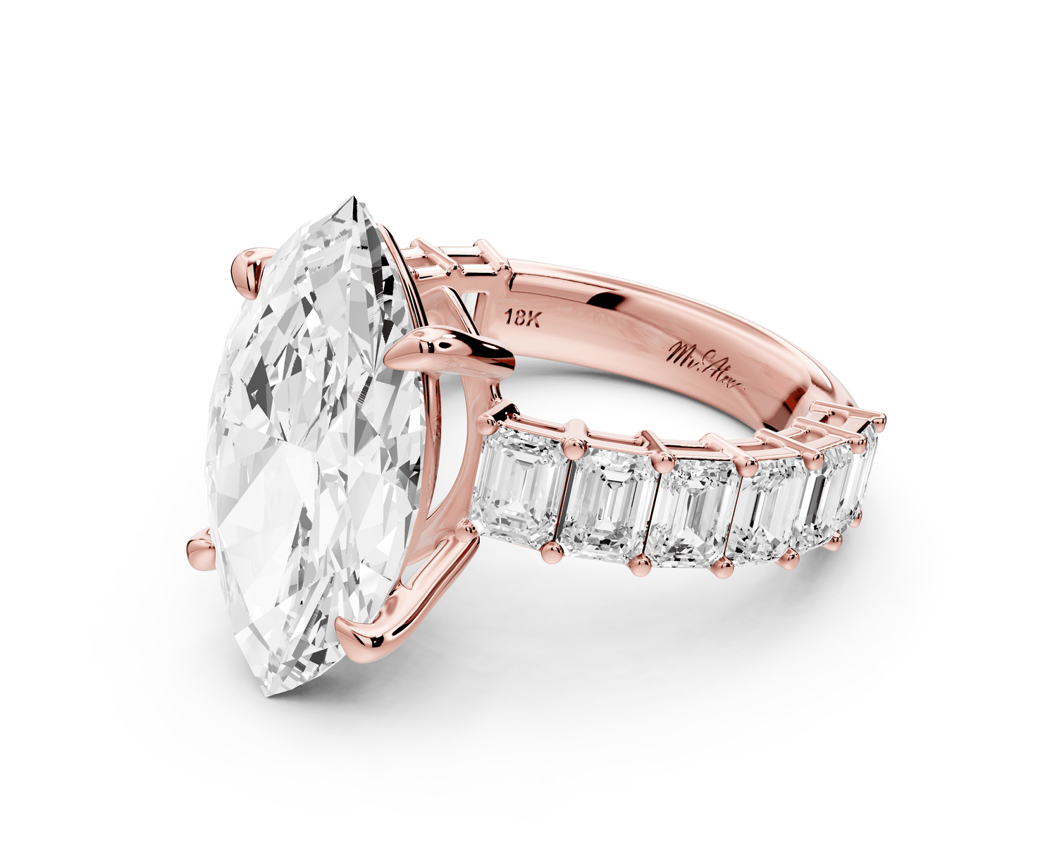 Violetta - 5ct 14k rose gold marquise diamond with emerald cut accent stones engagement ring - Mr. Alex Jewelry