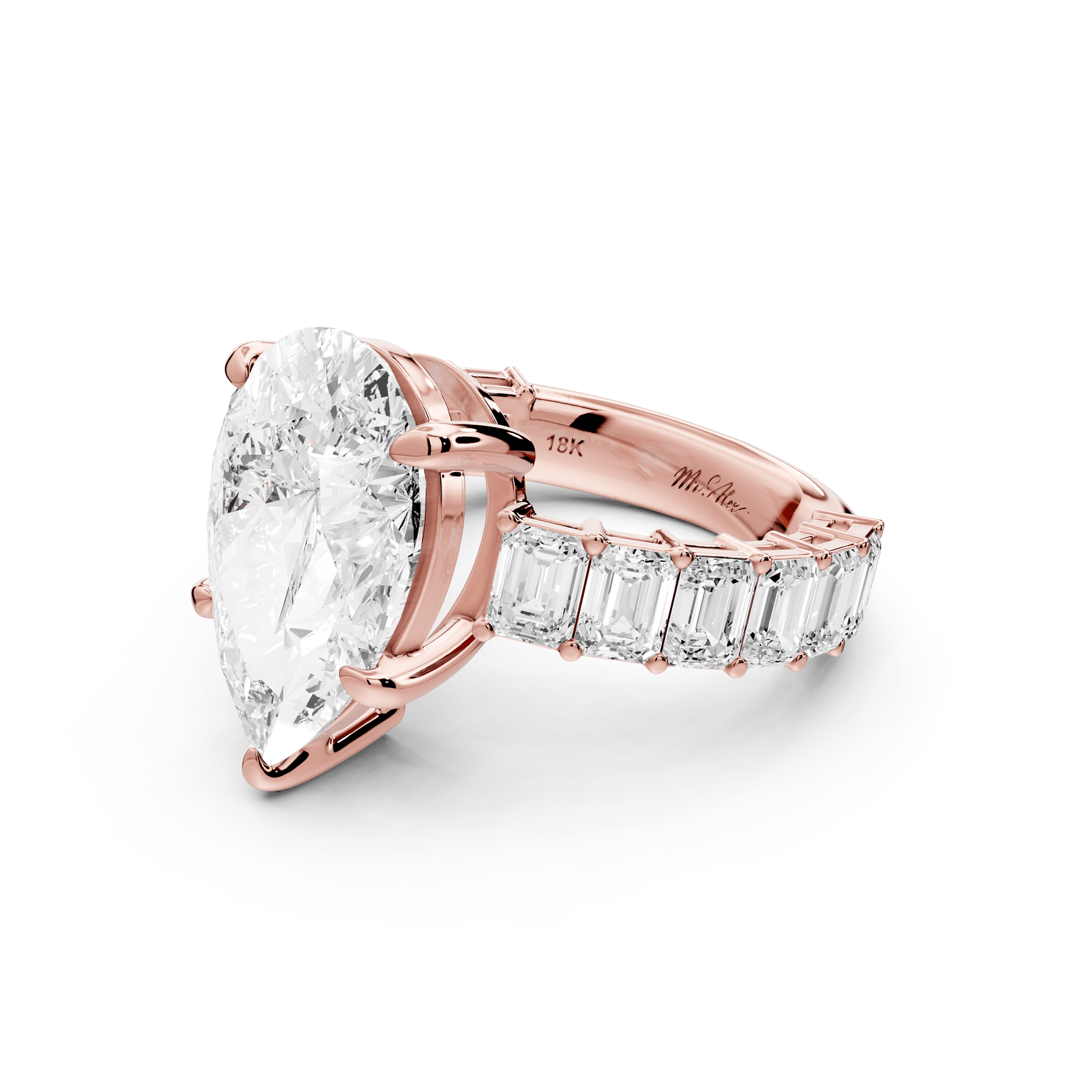 Violetta - 5ct 14k rose gold pear diamond with emerald cut accent stones engagament ring - Mr. Alex Jewelry