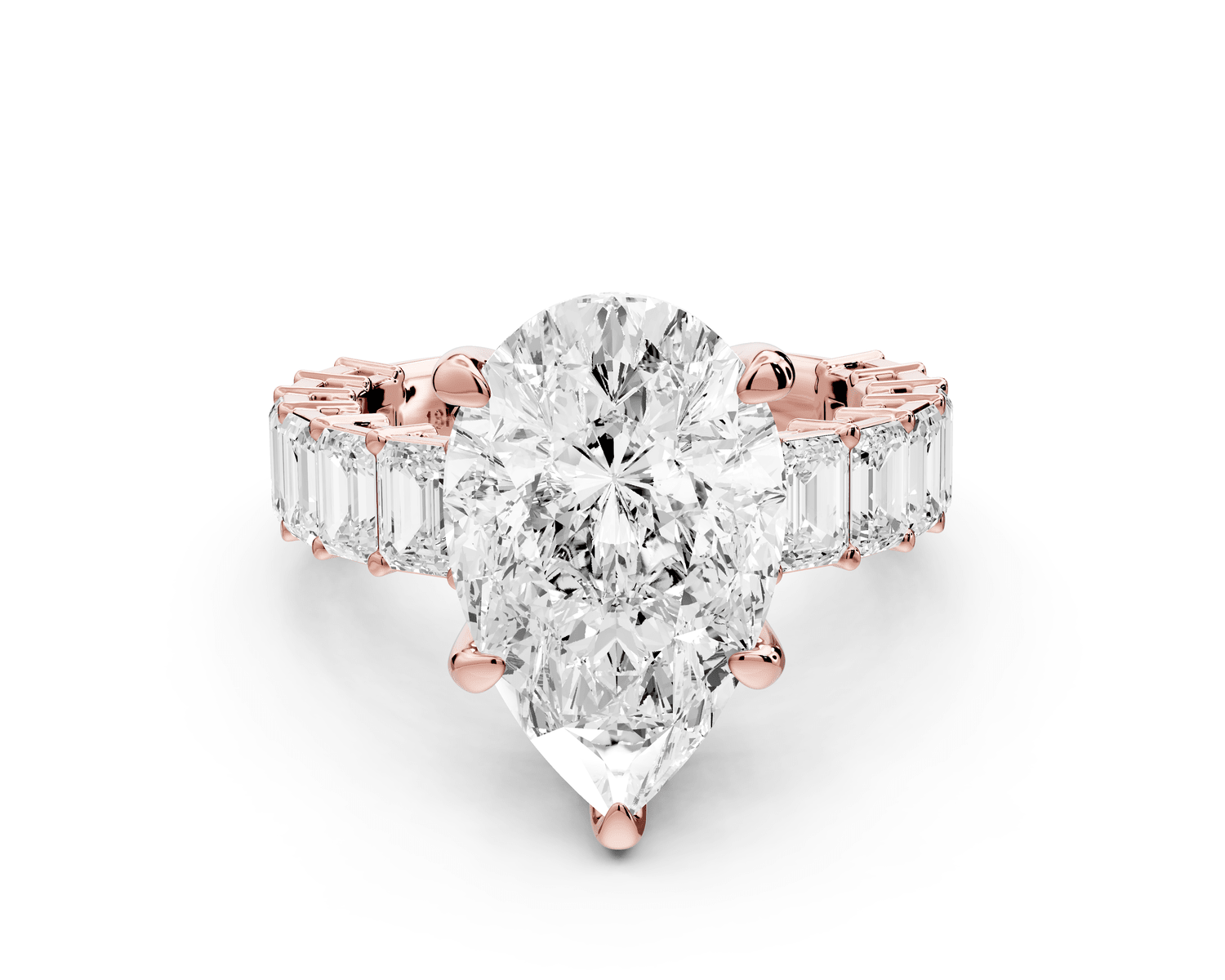 Violetta - 5ct 14k rose gold pear diamond with emerald cut accent stones engagament ring - Mr. Alex Jewelry