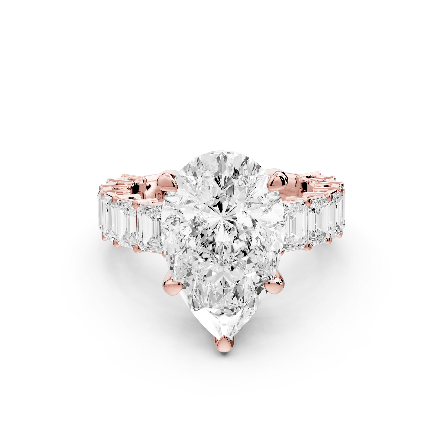 Violetta - 5ct 14k rose gold pear diamond with emerald cut accent stones engagament ring - Mr. Alex Jewelry