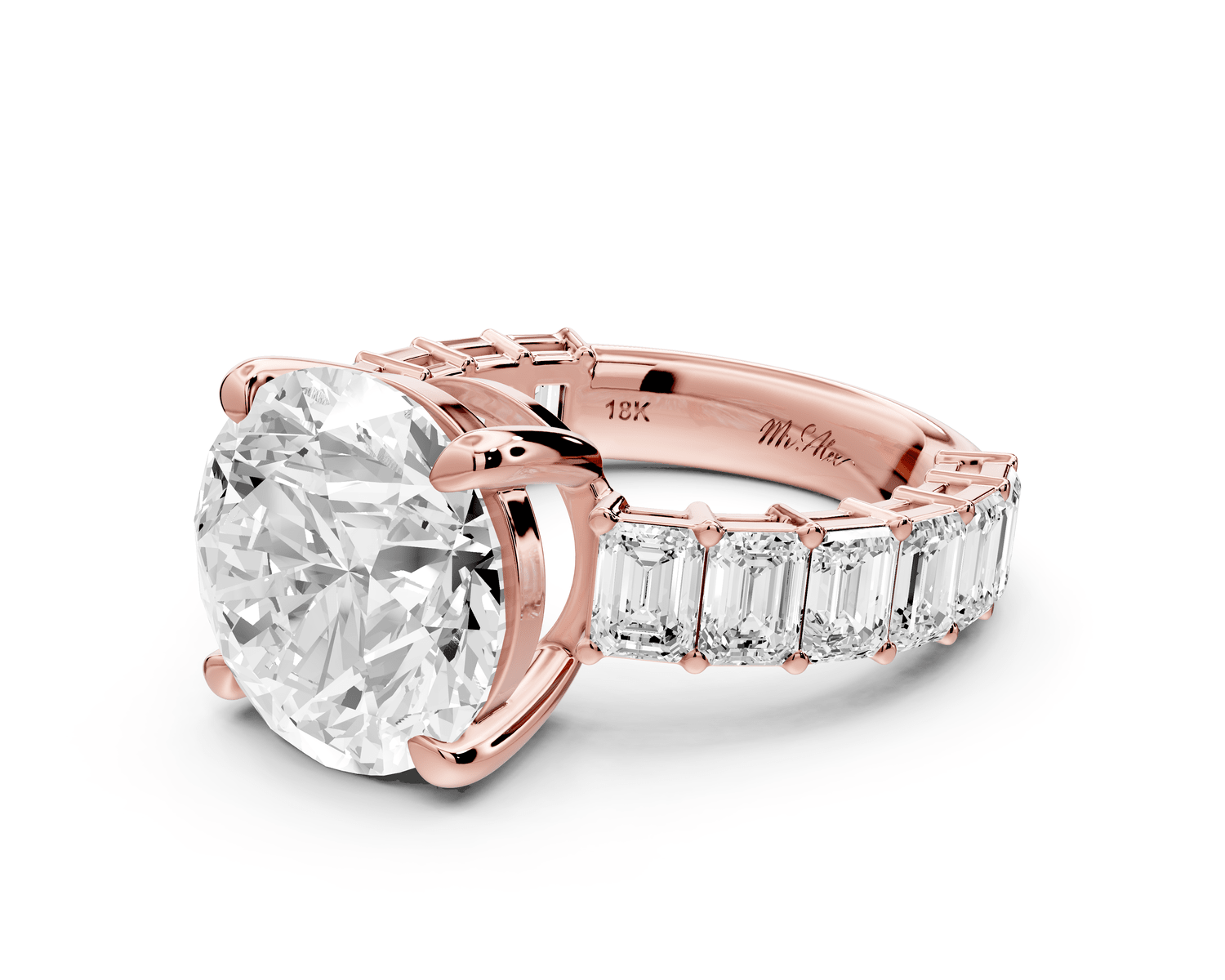 Violetta - 5ct 14k rose gold round diamond with emerald cut accent stones engagement ring - Mr. Alex Jewelry