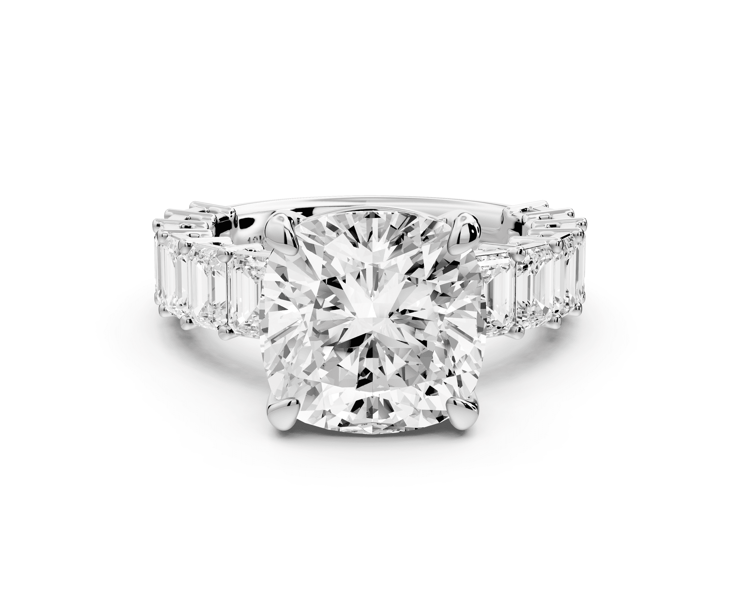 Violetta - 5ct 14k white gold cushion diamond with emerald cut accent stones engagement ring - Mr. Alex Jewelry