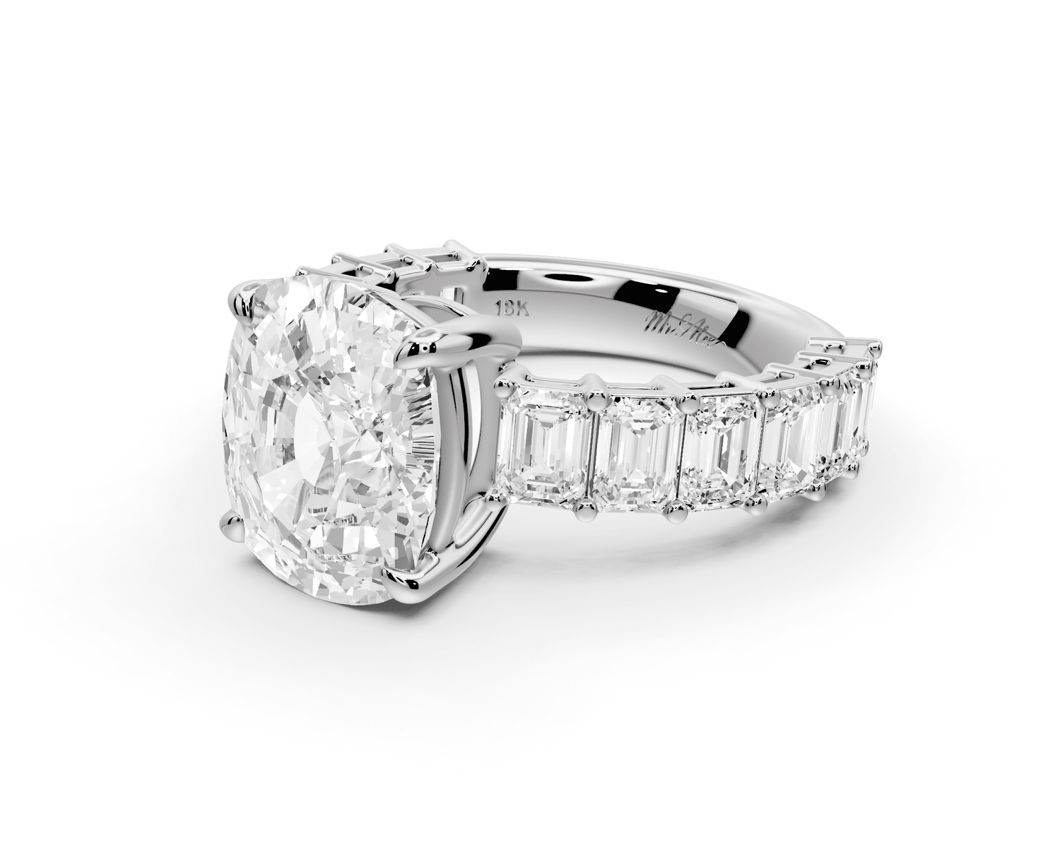 Violetta - 5ct 14k white gold ecushion diamond with emerald cut accent stones engagement ring - Mr. Alex Jewelry