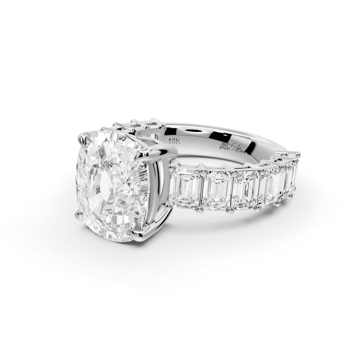 Violetta - 5ct 14k white gold ecushion diamond with emerald cut accent stones engagement ring - Mr. Alex Jewelry