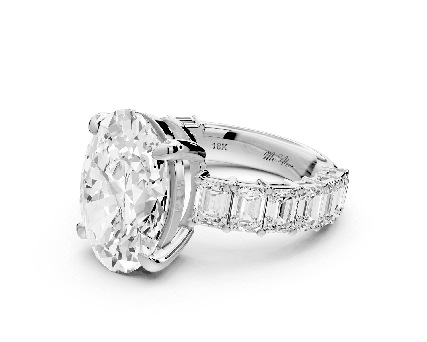 Violetta - 5ct 14k white gold oval diamond with emerald cut accent stones engagament ring - Mr. Alex Jewelry