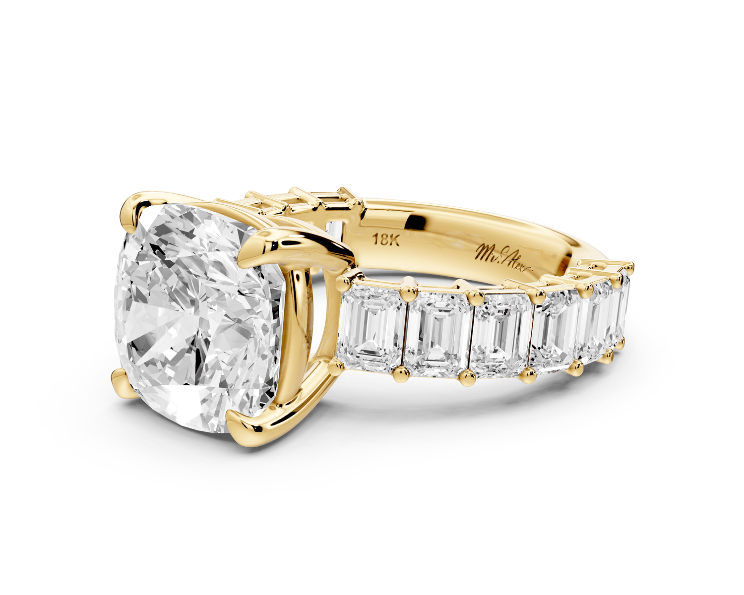 Violetta - 5ct 14k yellow gold cushion diamond with emerald cut accent stones engagement ring - Mr. Alex Jewelry