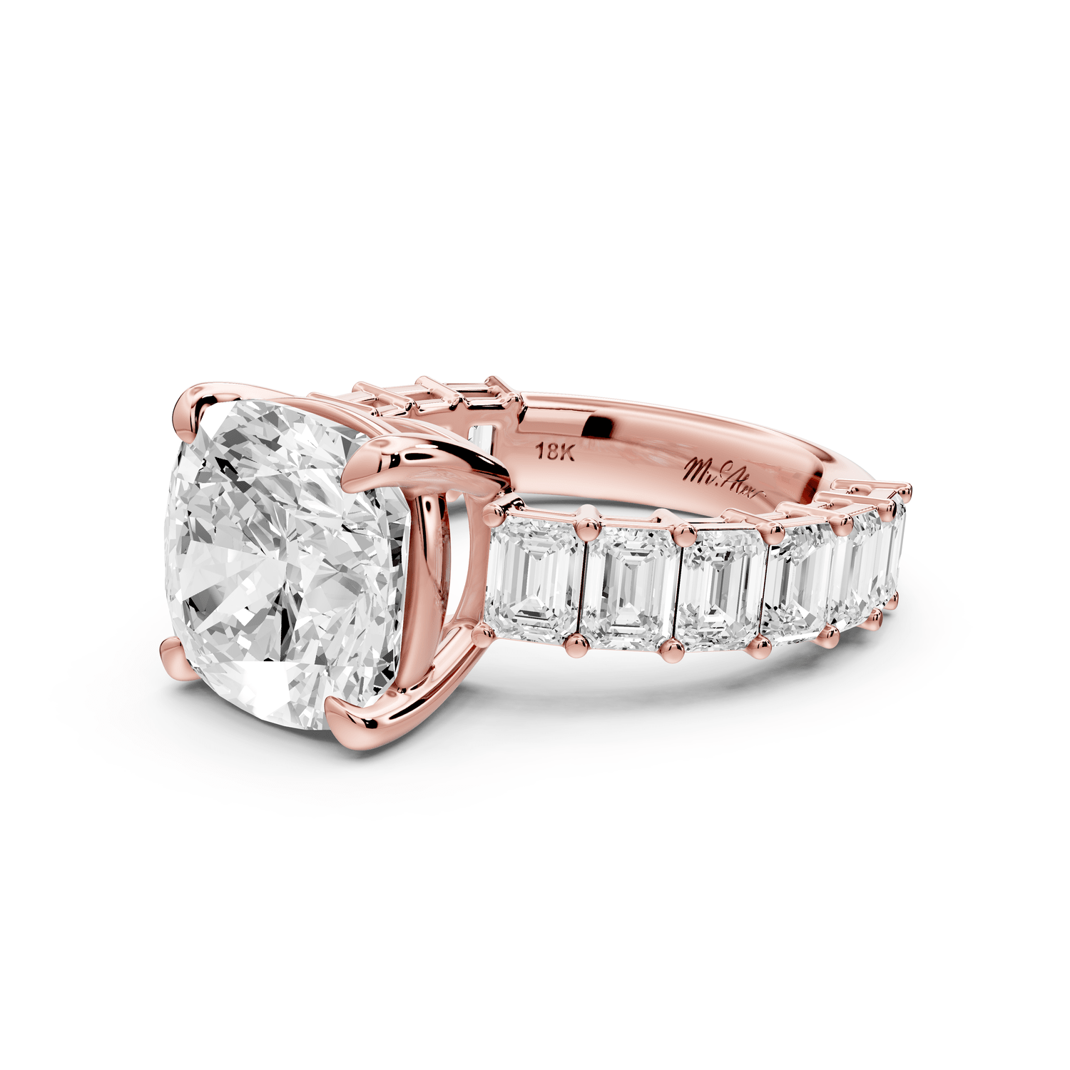 Violetta - 5ct 18k rose gold cushion diamond with emerald cut accent stones engagement ring - Mr. Alex Jewelry