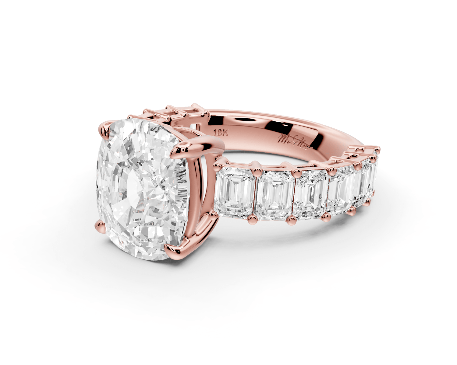 Violetta - 5ct 18k rose gold ecushion diamond with emerald cut accent stones engagement ring - Mr. Alex Jewelry