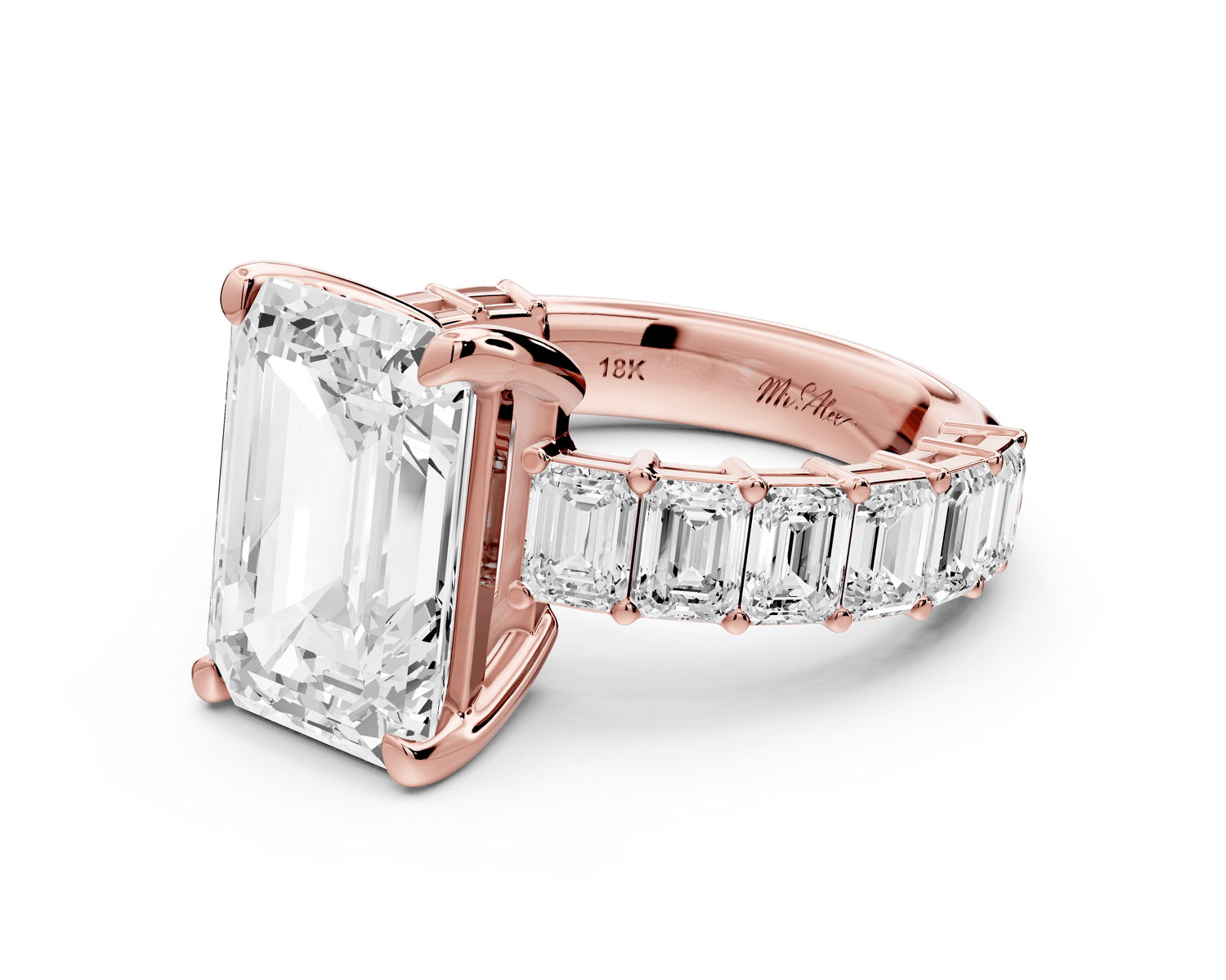 Violetta - 5ct 18k rose gold emerald diamond with emerald cut accent stones engagament ring - Mr. Alex Jewelry