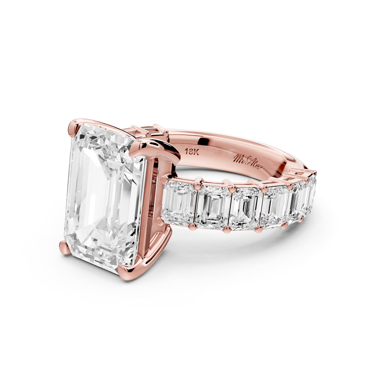 Violetta - 5ct 18k rose gold emerald diamond with emerald cut accent stones engagament ring - Mr. Alex Jewelry