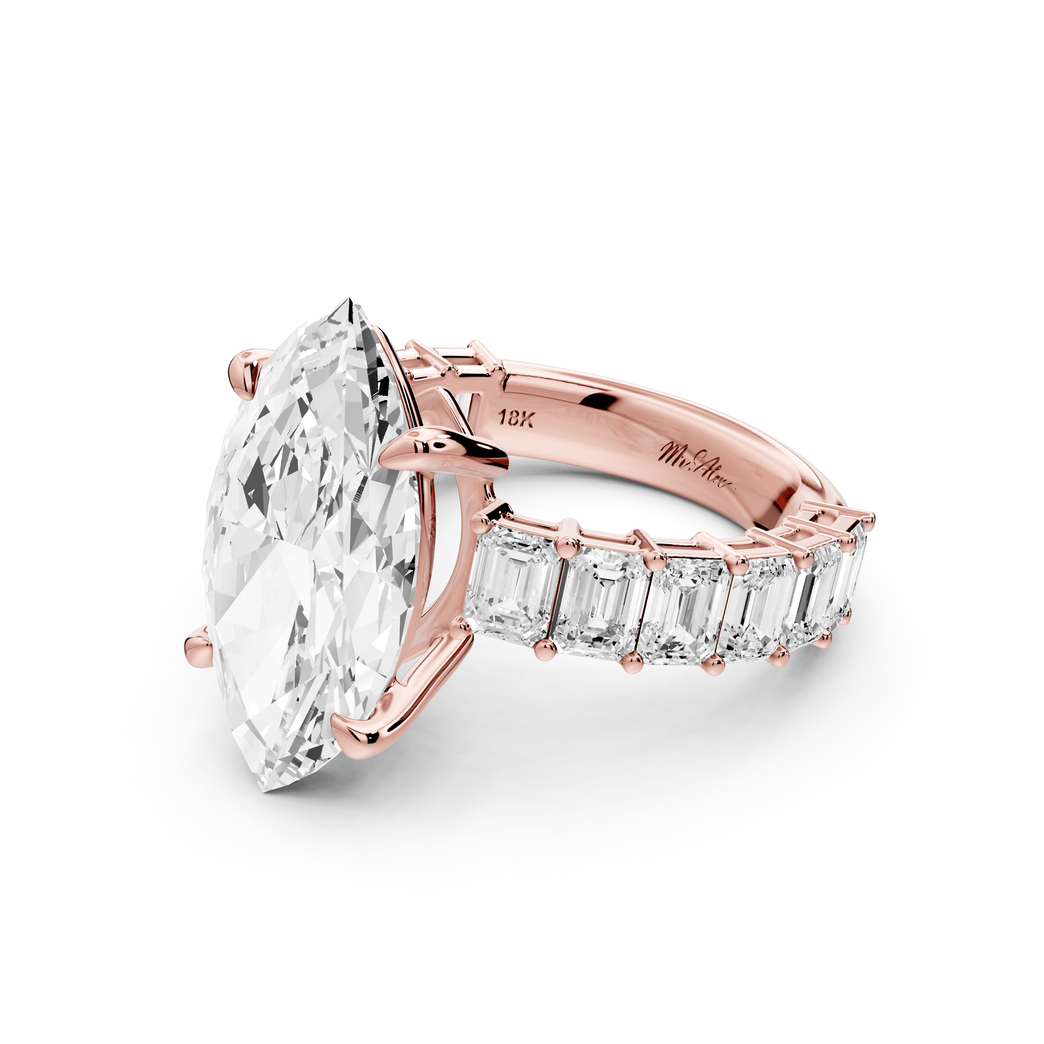 Violetta - 5ct 18k rose gold marquise diamond with emerald cut accent stones engagement ring - Mr. Alex Jewelry