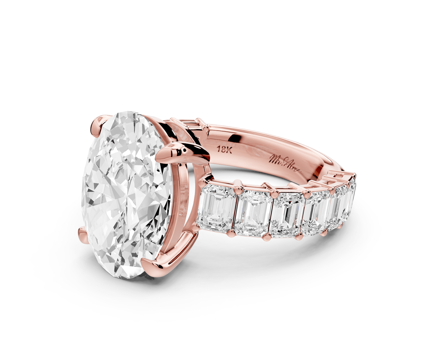 Violetta - 5ct 18k rose gold oval diamond with emerald cut accent stones engagament ring - Mr. Alex Jewelry