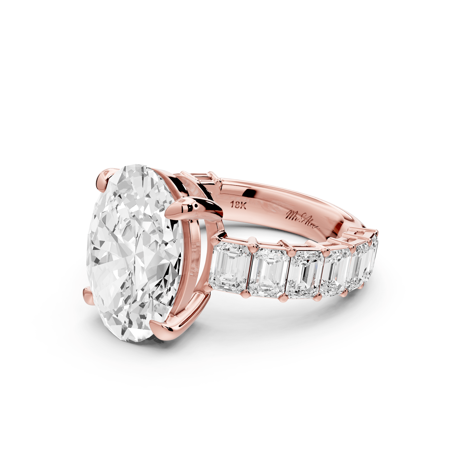 Violetta - 5ct 18k rose gold oval diamond with emerald cut accent stones engagament ring - Mr. Alex Jewelry