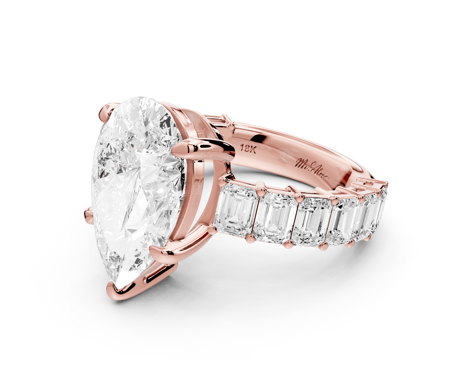 Violetta - 5ct 18k rose gold pear diamond with emerald cut accent stones engagament ring - Mr. Alex Jewelry