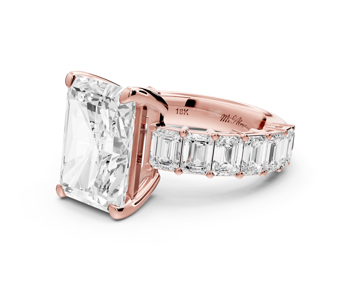 Violetta - 5ct 18k rose gold radiant diamond with emerald cut accent stones engagement ring - Mr. Alex Jewelry