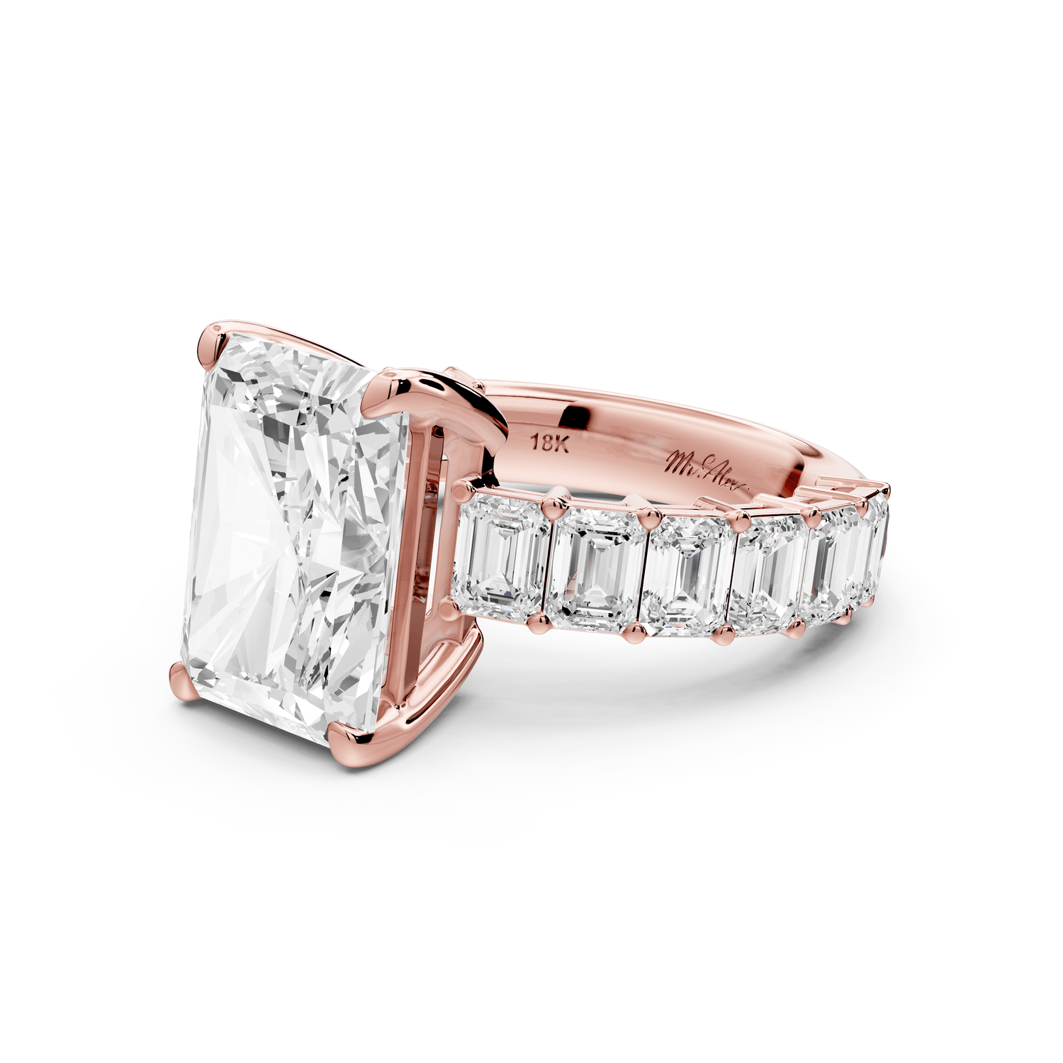 Violetta - 5ct 18k rose gold radiant diamond with emerald cut accent stones engagement ring - Mr. Alex Jewelry