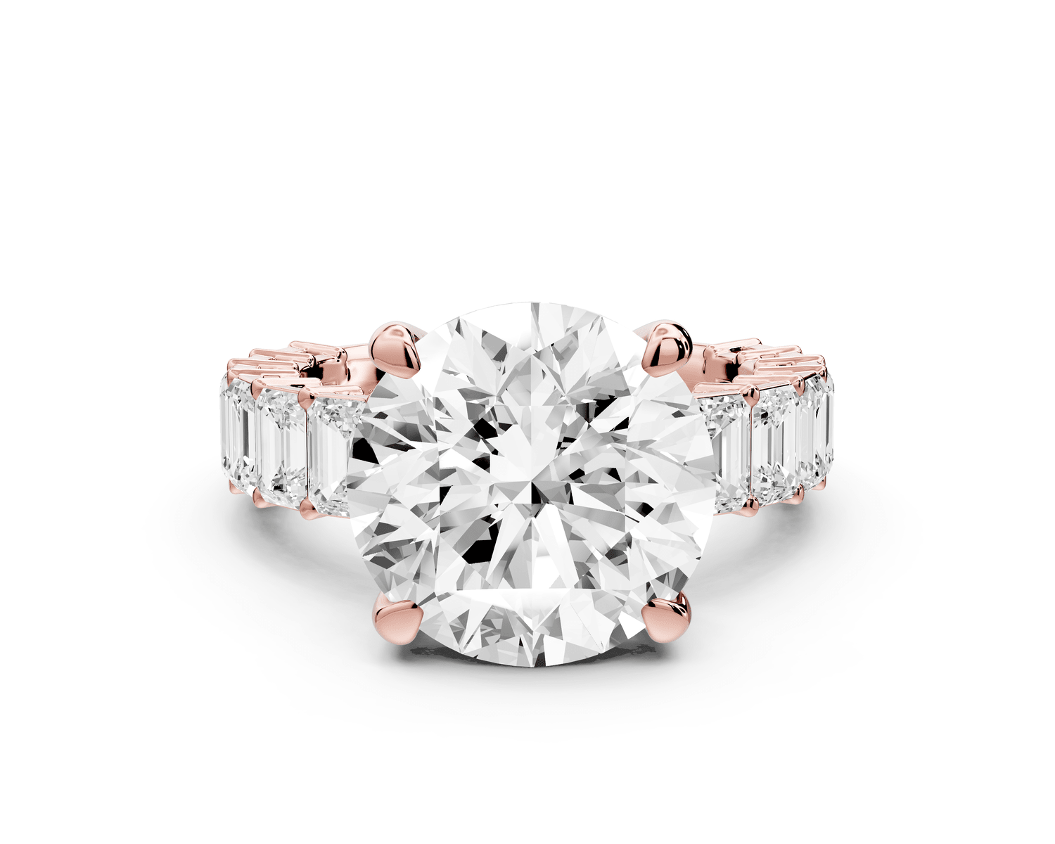 Violetta - 5ct 18k rose gold round diamond with emerald cut accent stones engagement ring - Mr. Alex Jewelry