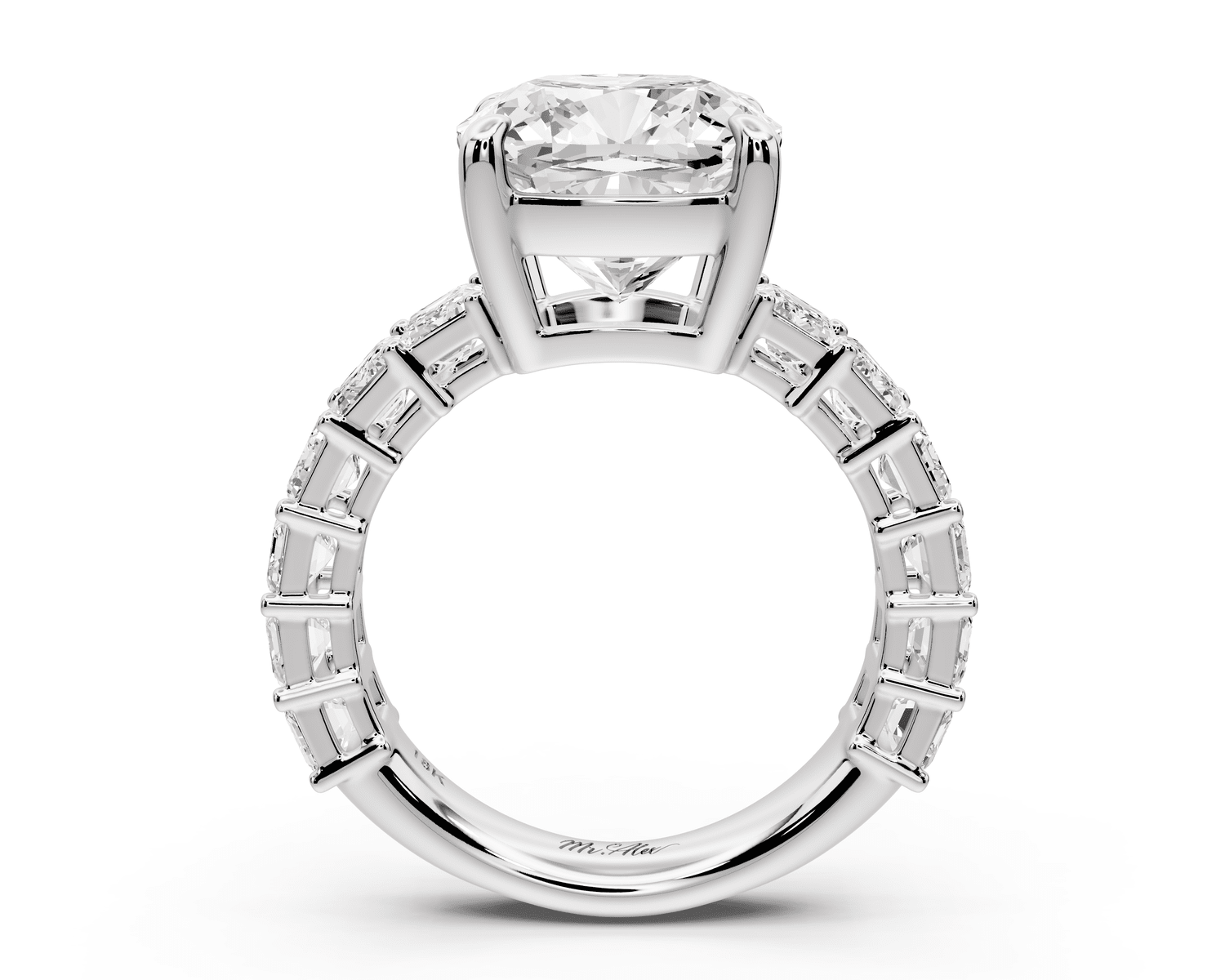 Violetta - 5ct 18k white gold cushion diamond with emerald cut accent stones engagement ring - Mr. Alex Jewelry